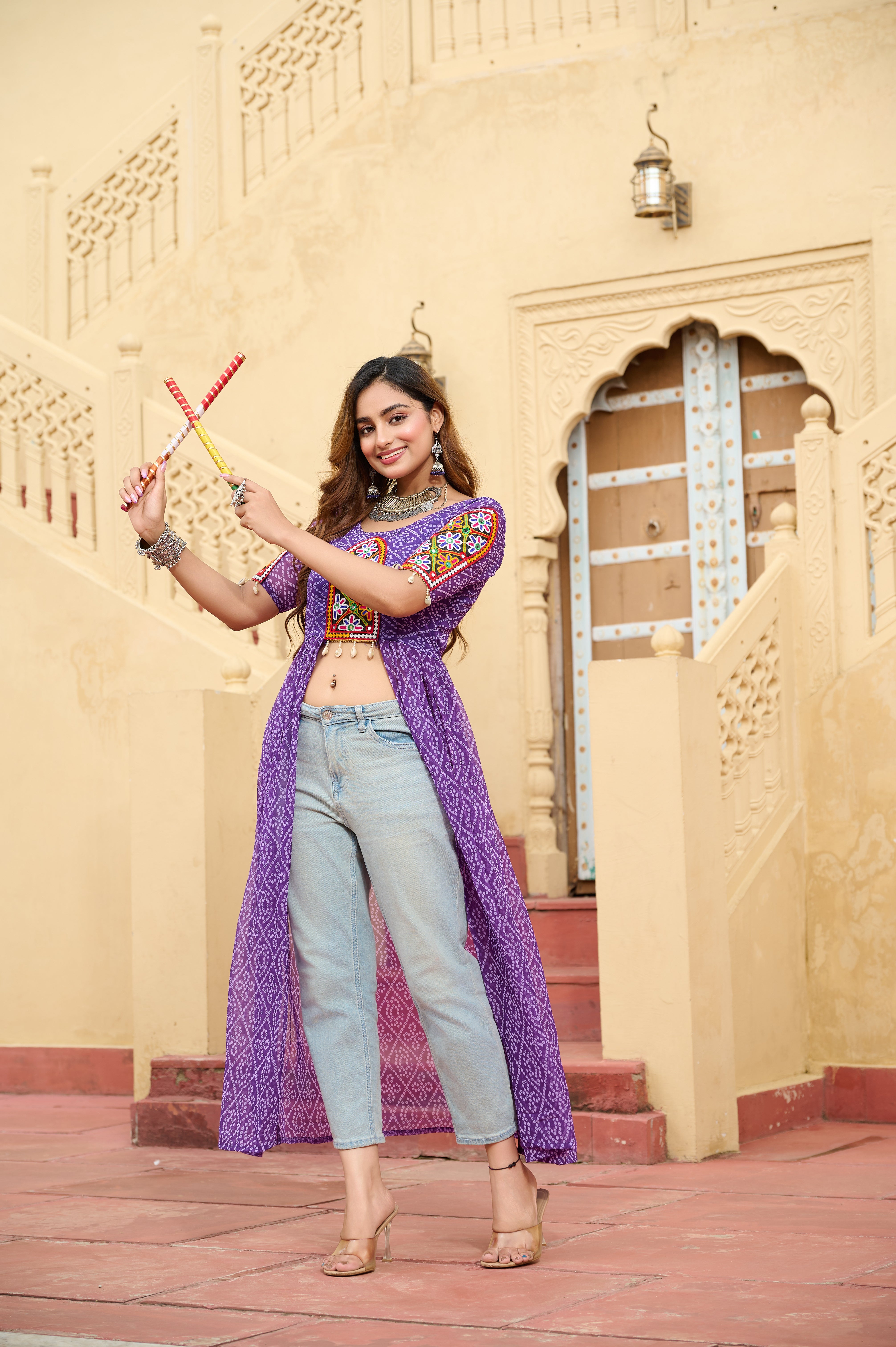 Kutchi Embroidered Short Jacket Style Printed Front-Slit Kurti