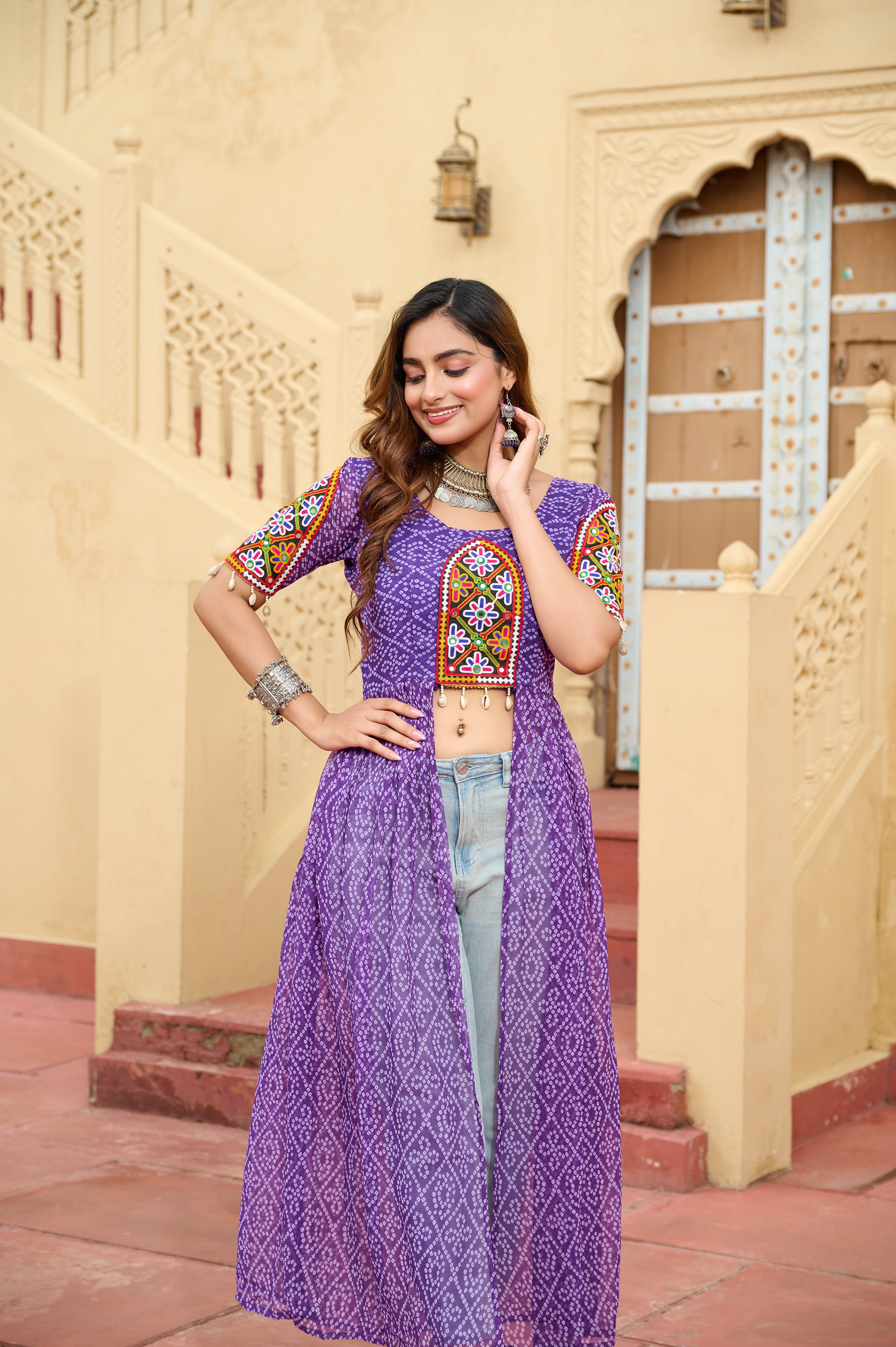 Kutchi Embroidered Short Jacket Style Printed Front-Slit Kurti