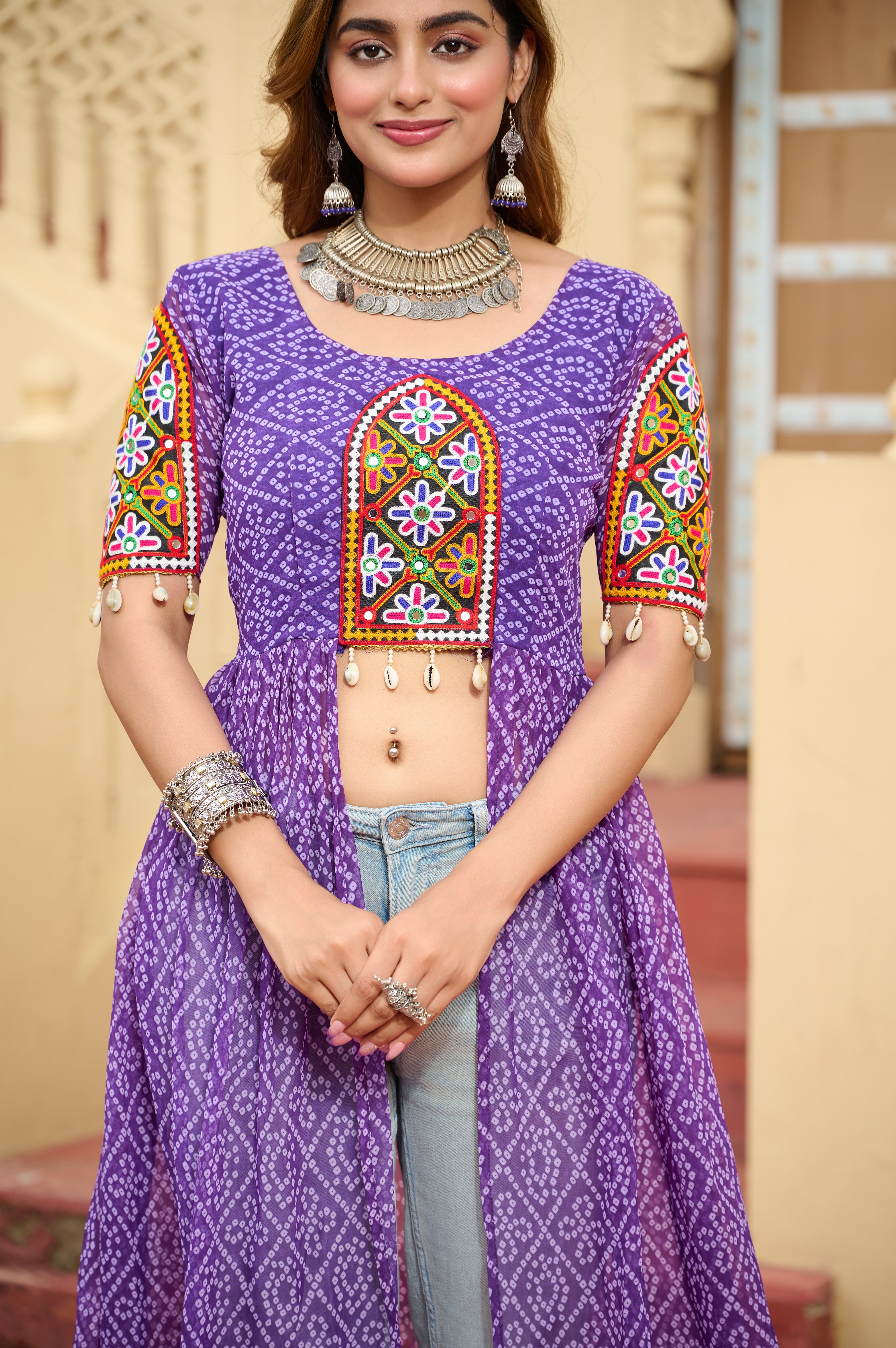 Kutchi Embroidered Short Jacket Style Printed Front-Slit Kurti
