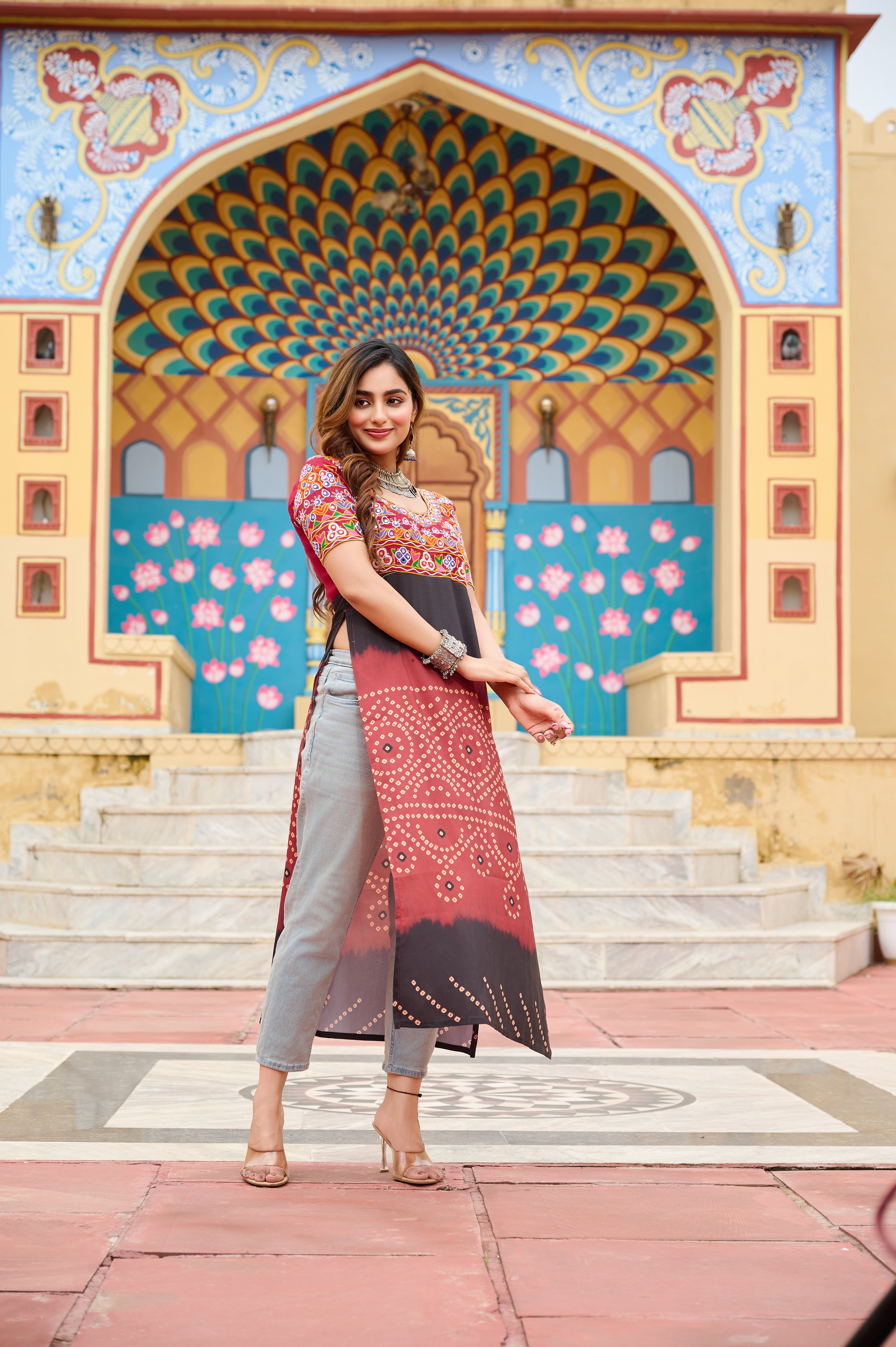 Bandhani Print Embroidered Front-Slit Kurti with Mirror Work