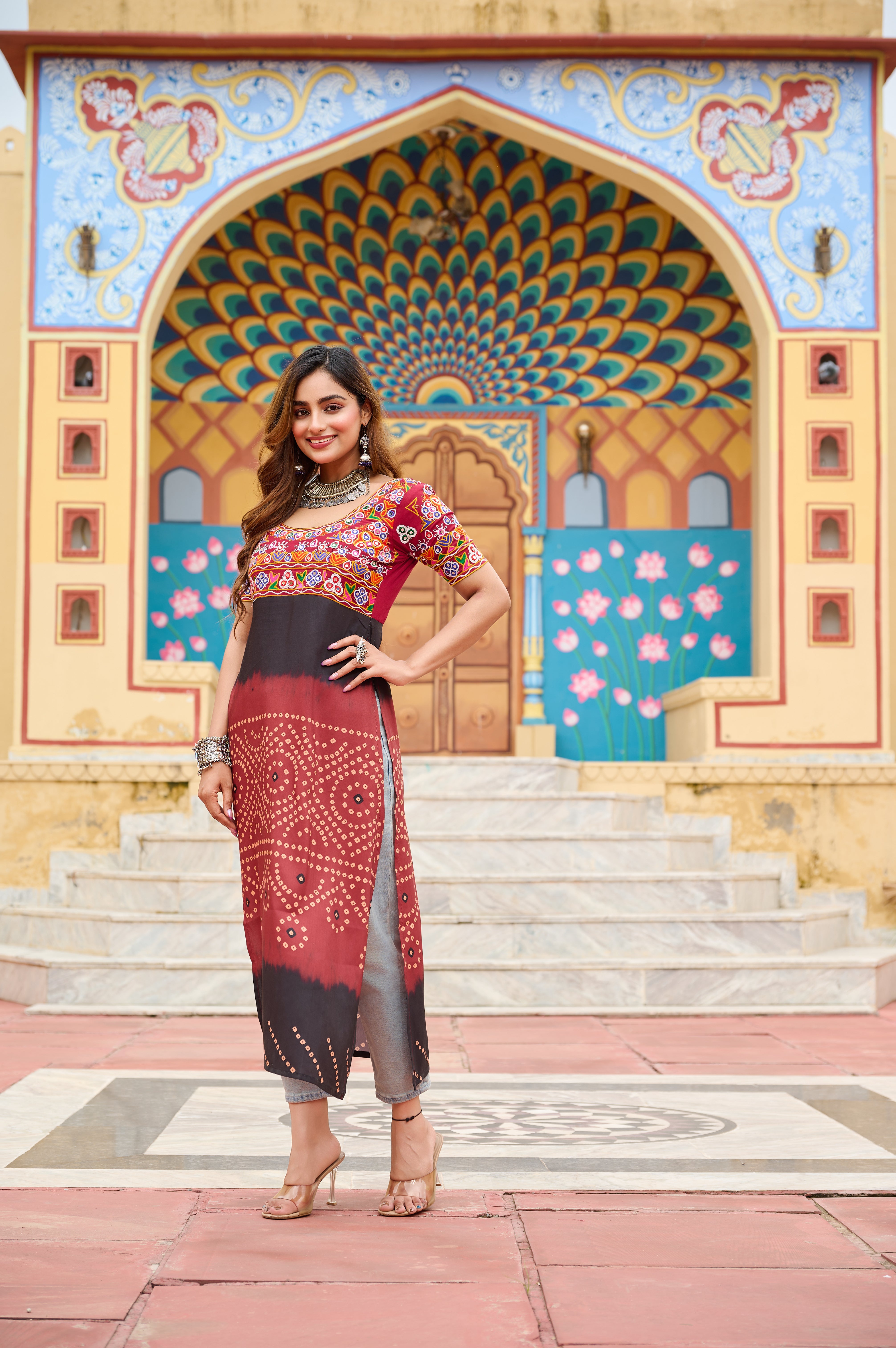 Bandhani Print Embroidered Front-Slit Kurti with Mirror Work