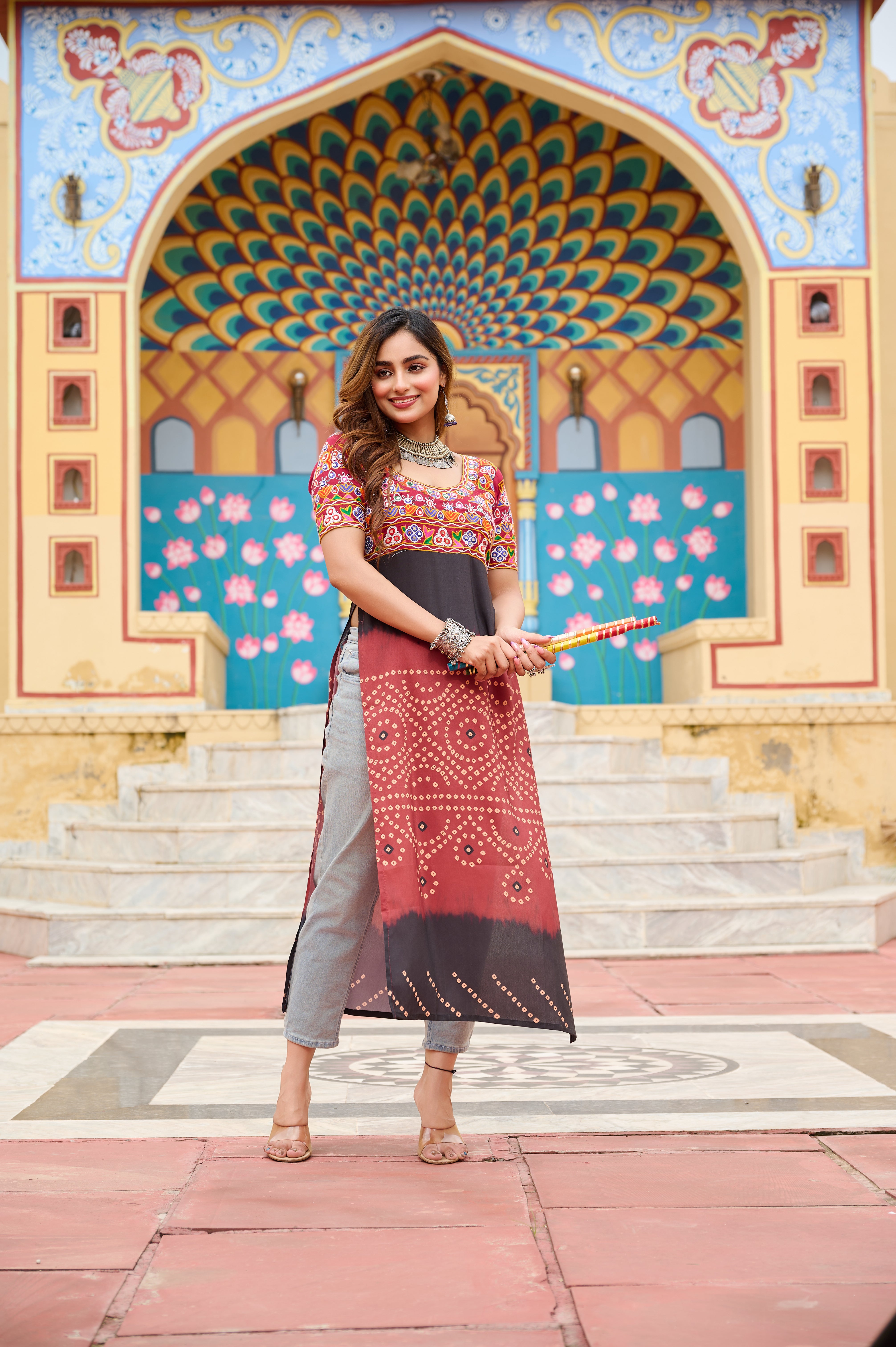 Bandhani Print Embroidered Front-Slit Kurti with Mirror Work