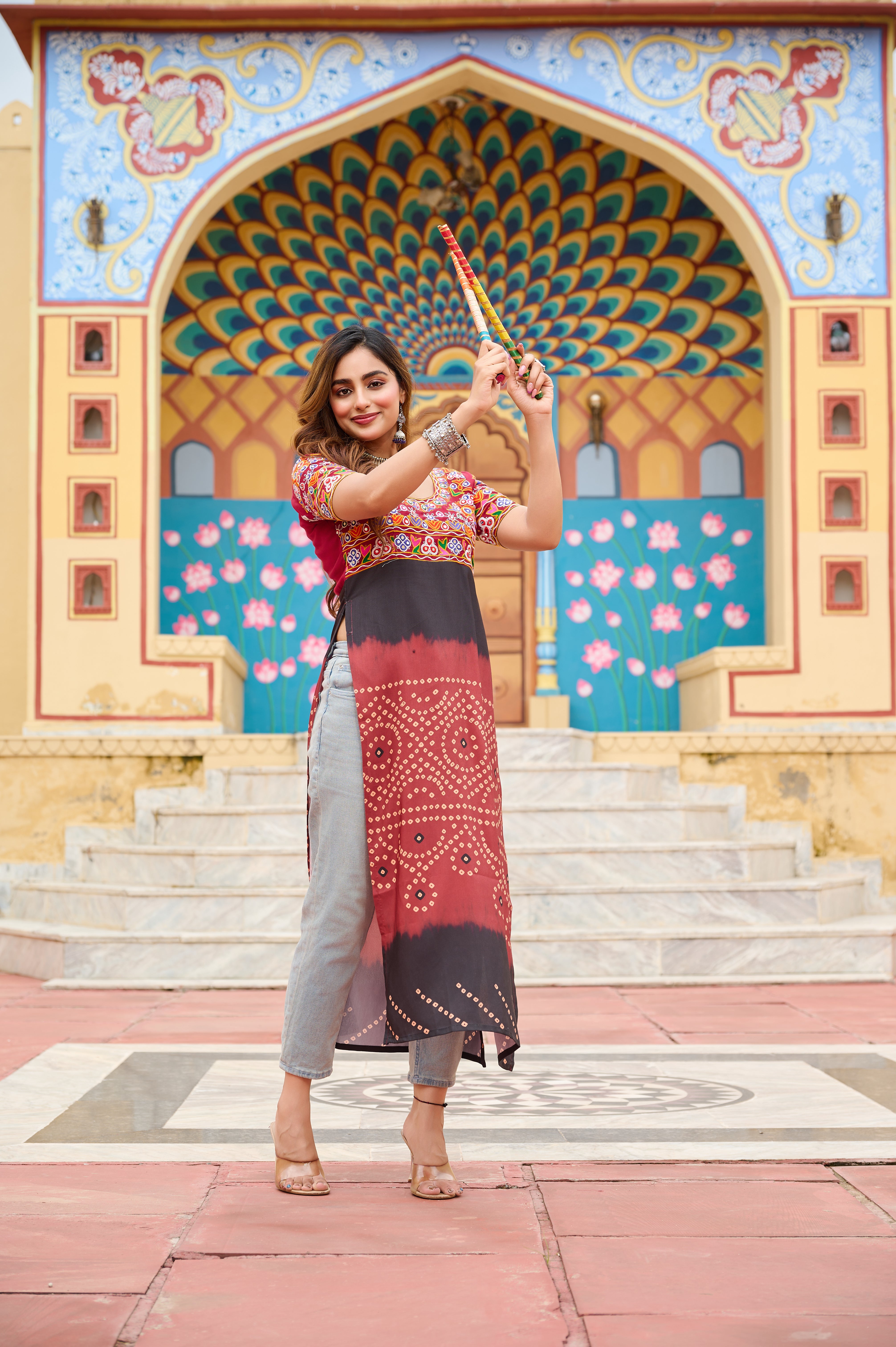 Bandhani Print Embroidered Front-Slit Kurti with Mirror Work