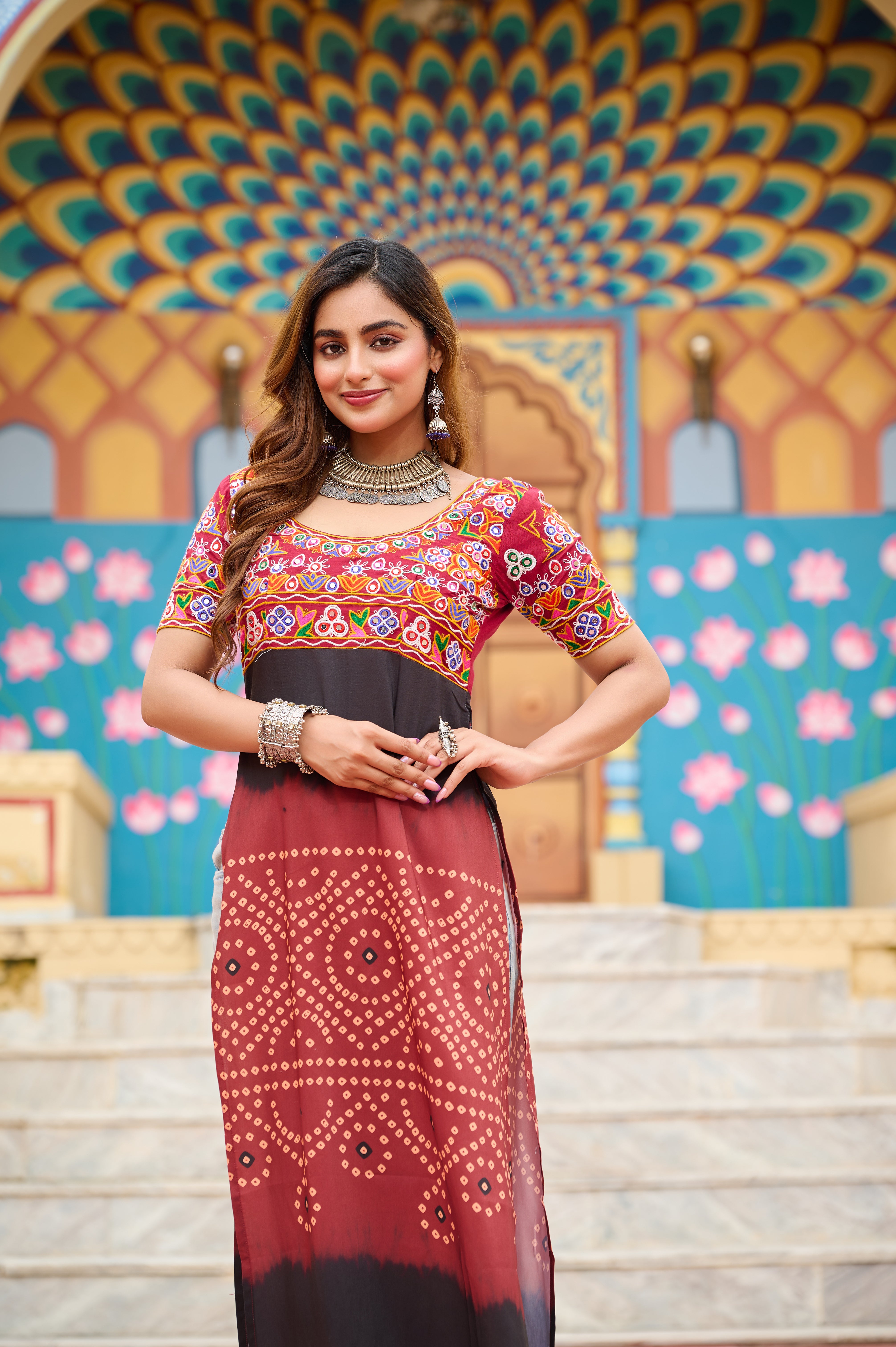 Bandhani Print Embroidered Front-Slit Kurti with Mirror Work