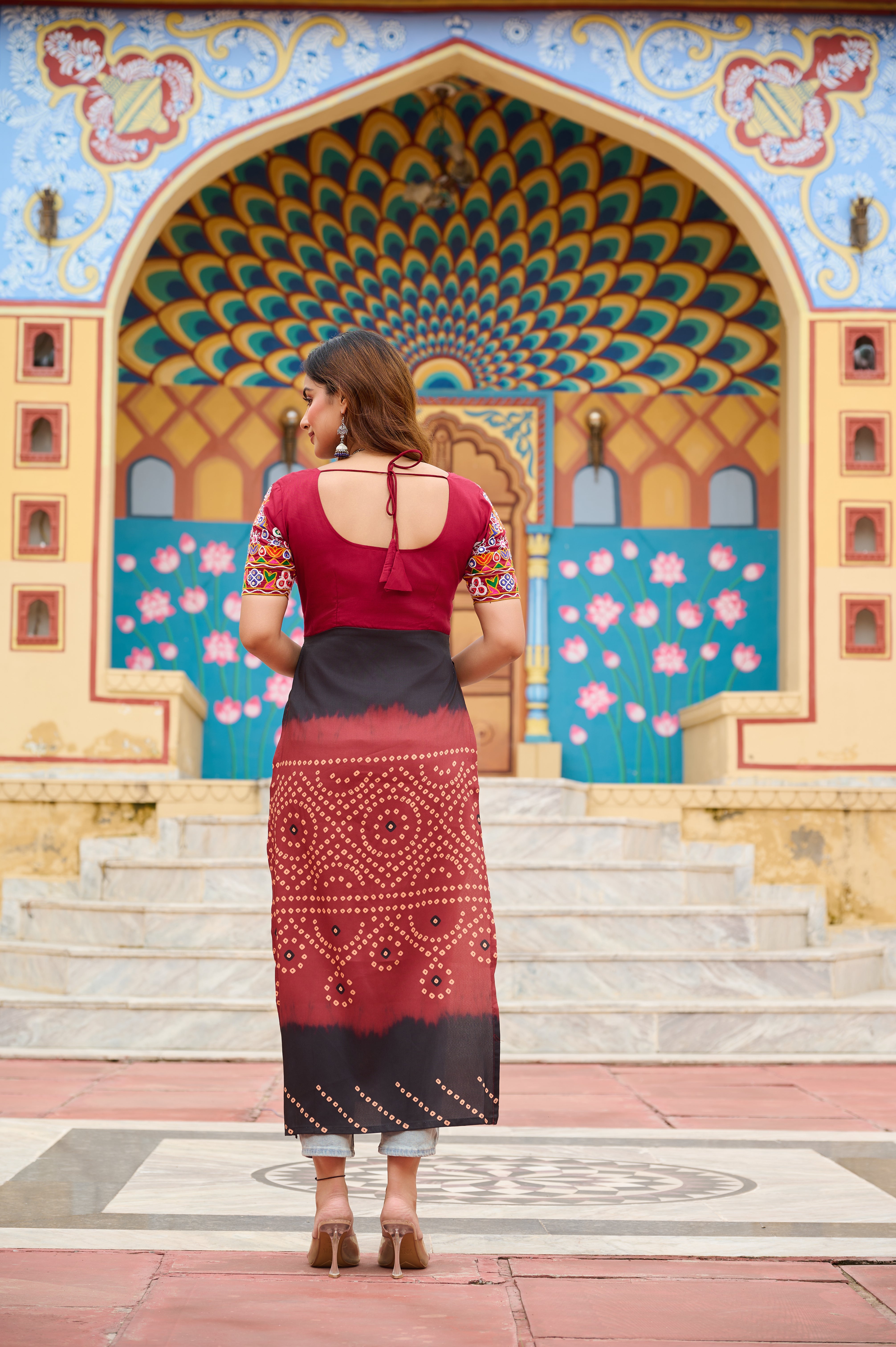 Bandhani Print Embroidered Front-Slit Kurti with Mirror Work