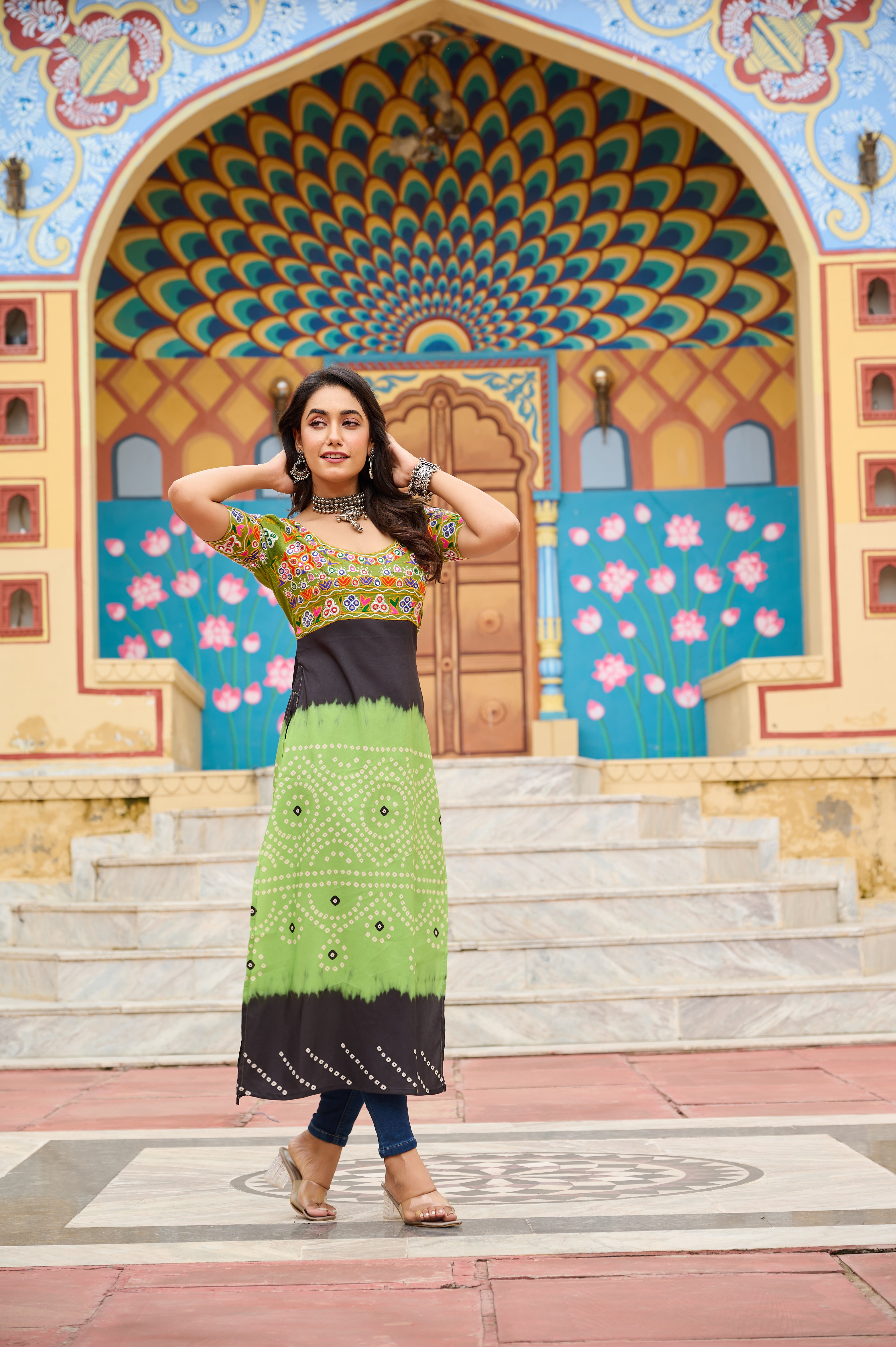 Bandhani Print Embroidered Front-Slit Kurti with Mirror Work