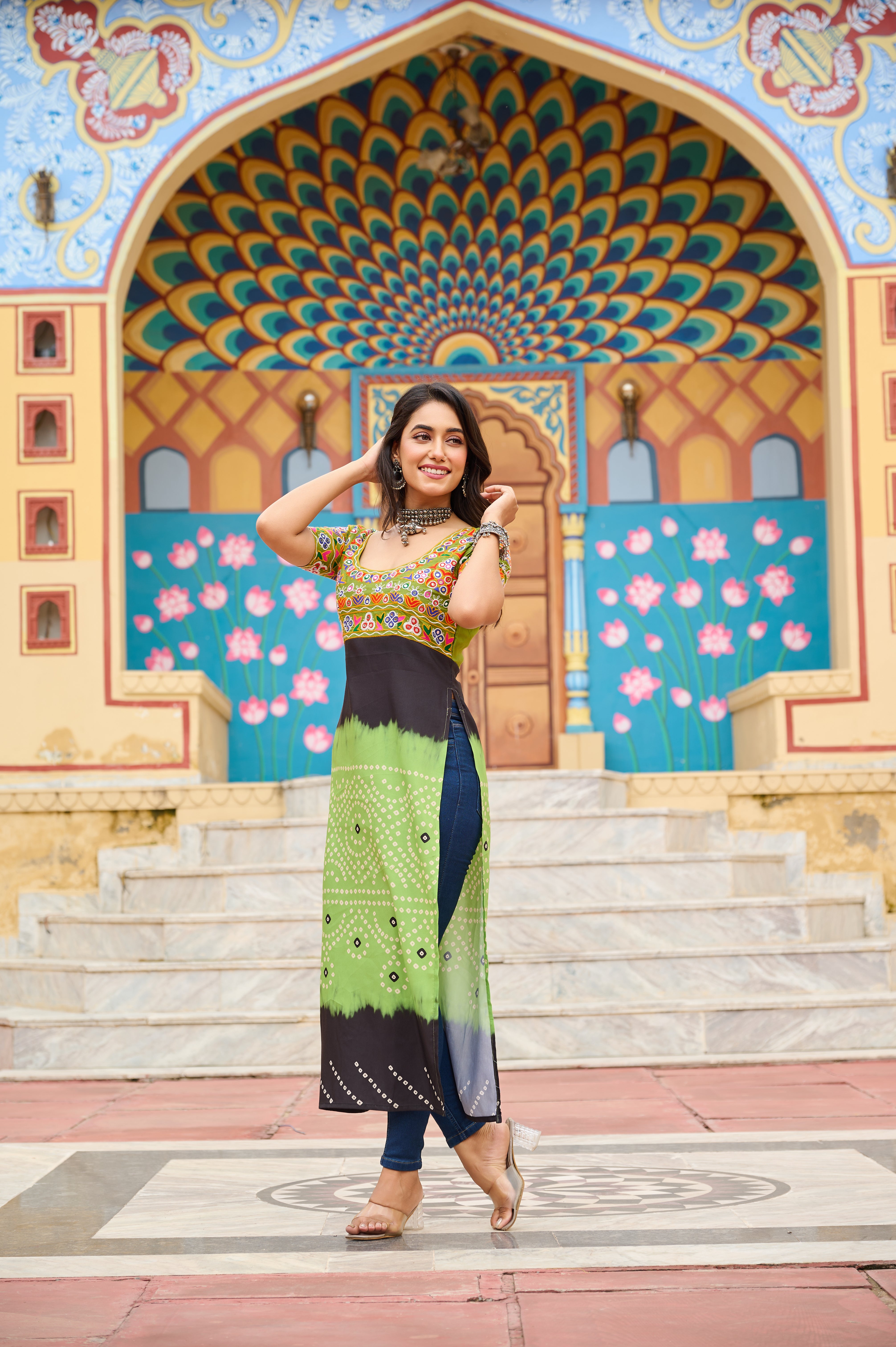 Bandhani Print Embroidered Front-Slit Kurti with Mirror Work