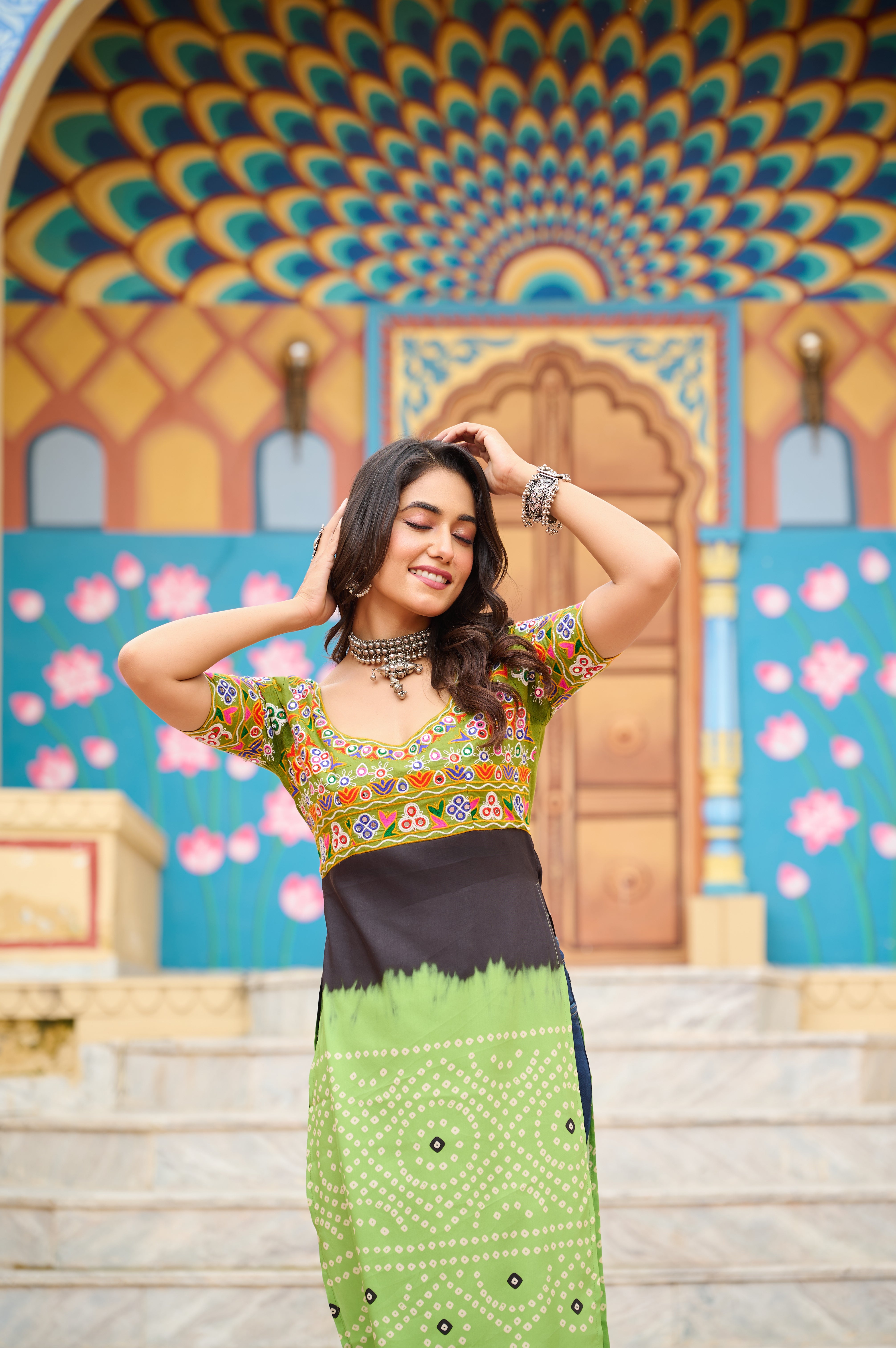 Bandhani Print Embroidered Front-Slit Kurti with Mirror Work