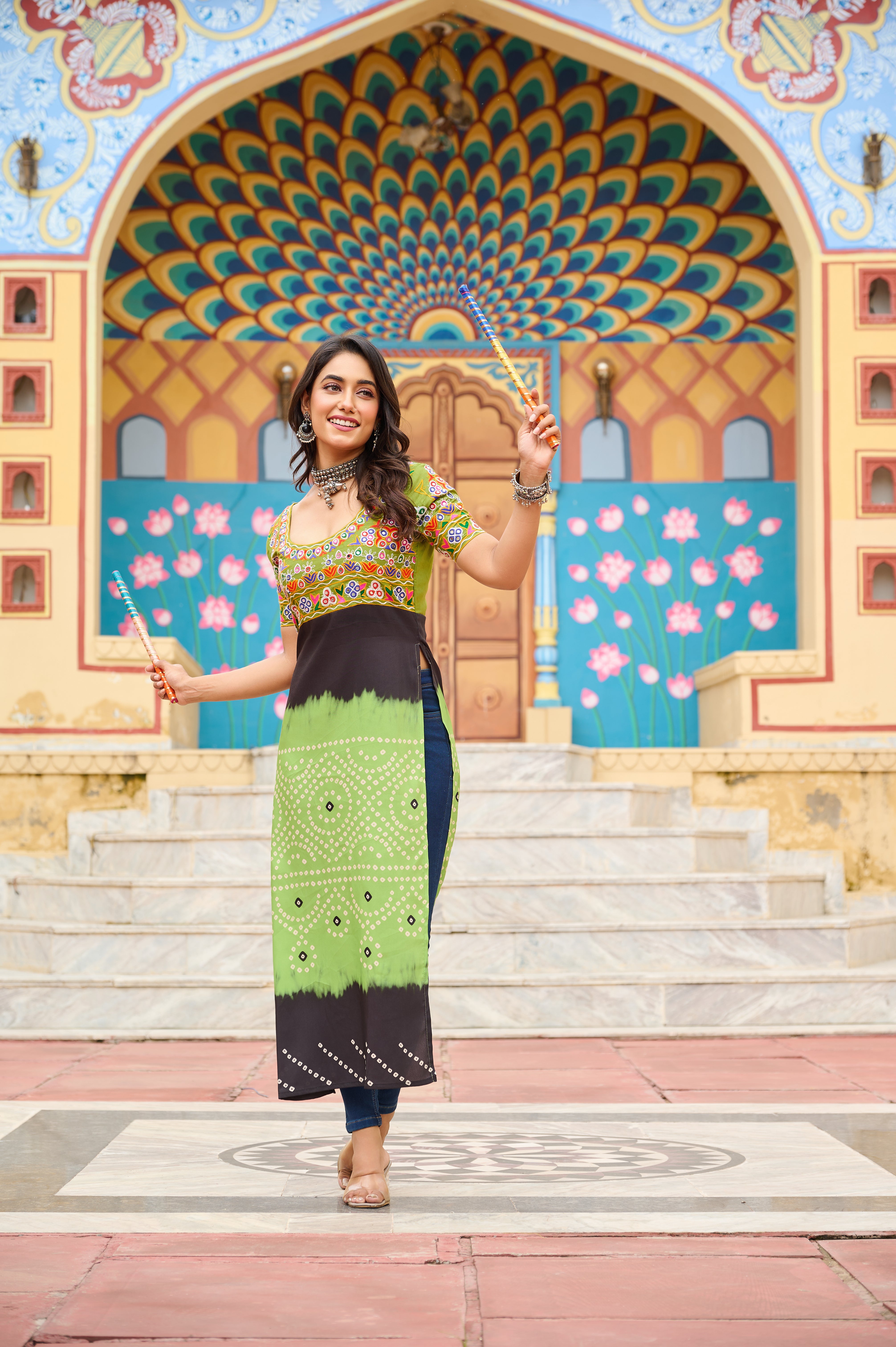 Bandhani Print Embroidered Front-Slit Kurti with Mirror Work