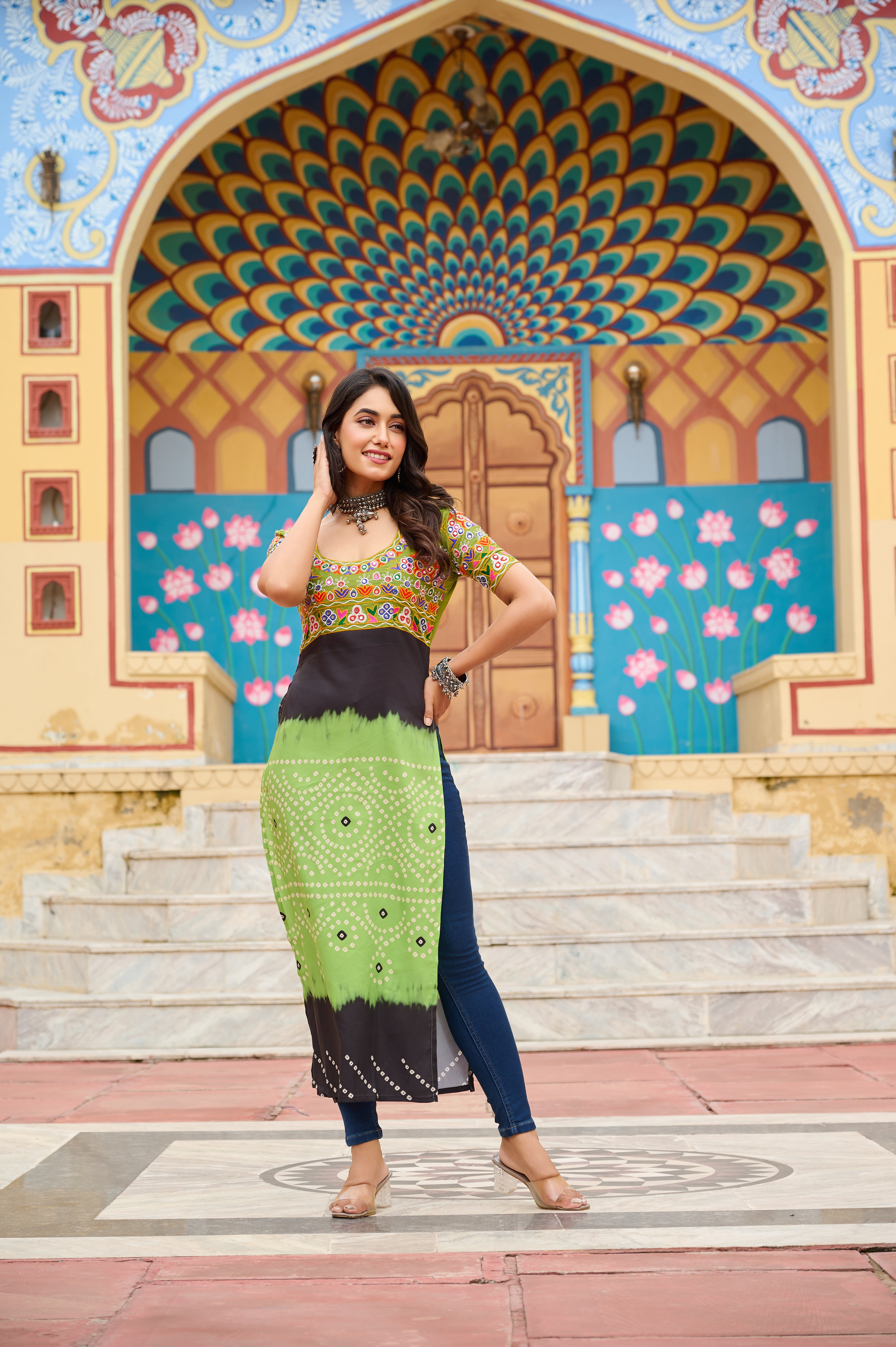 Bandhani Print Embroidered Front-Slit Kurti with Mirror Work