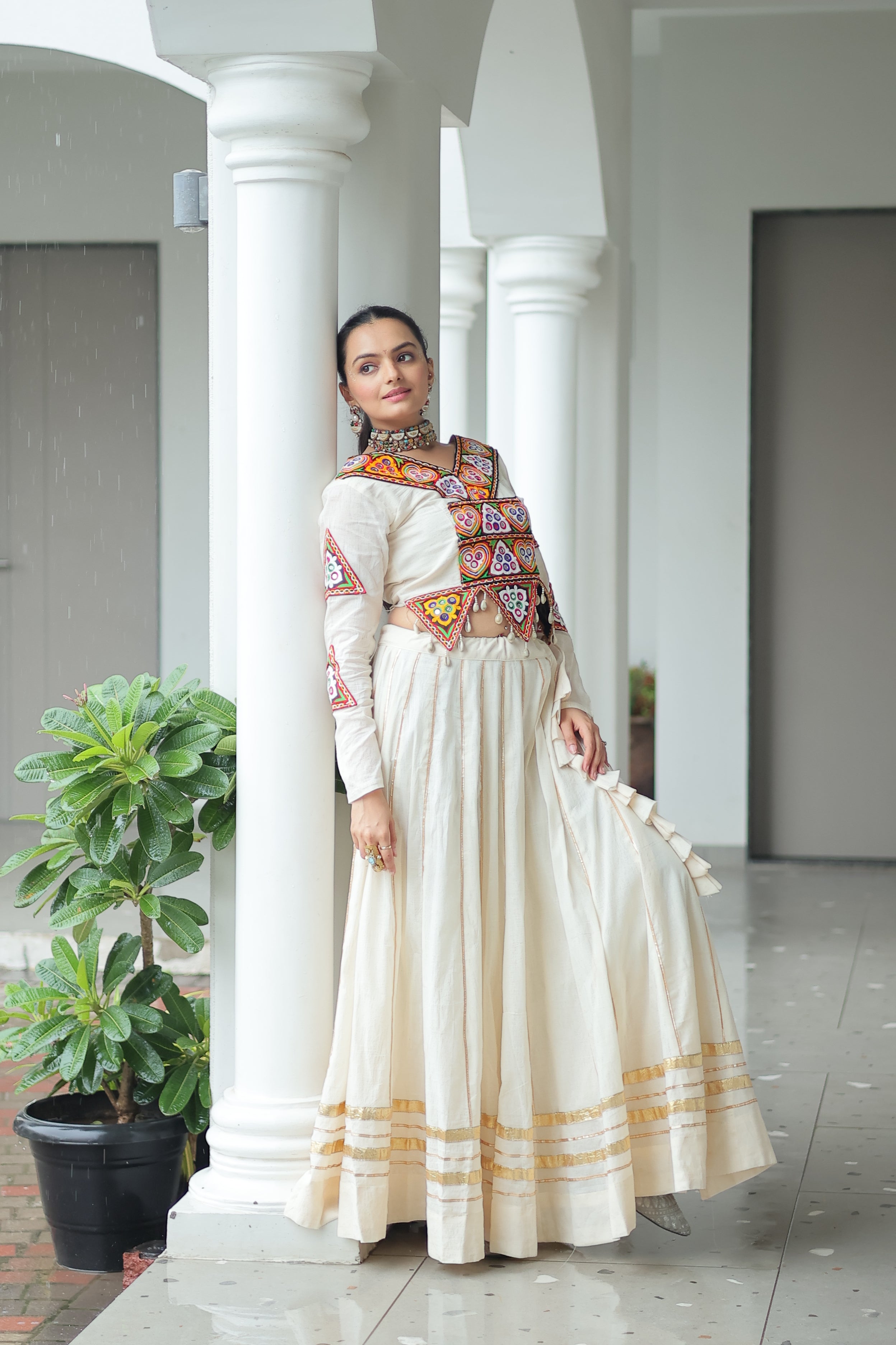 Embroidered Mirror Work Jacket with Flared Lehenga Set