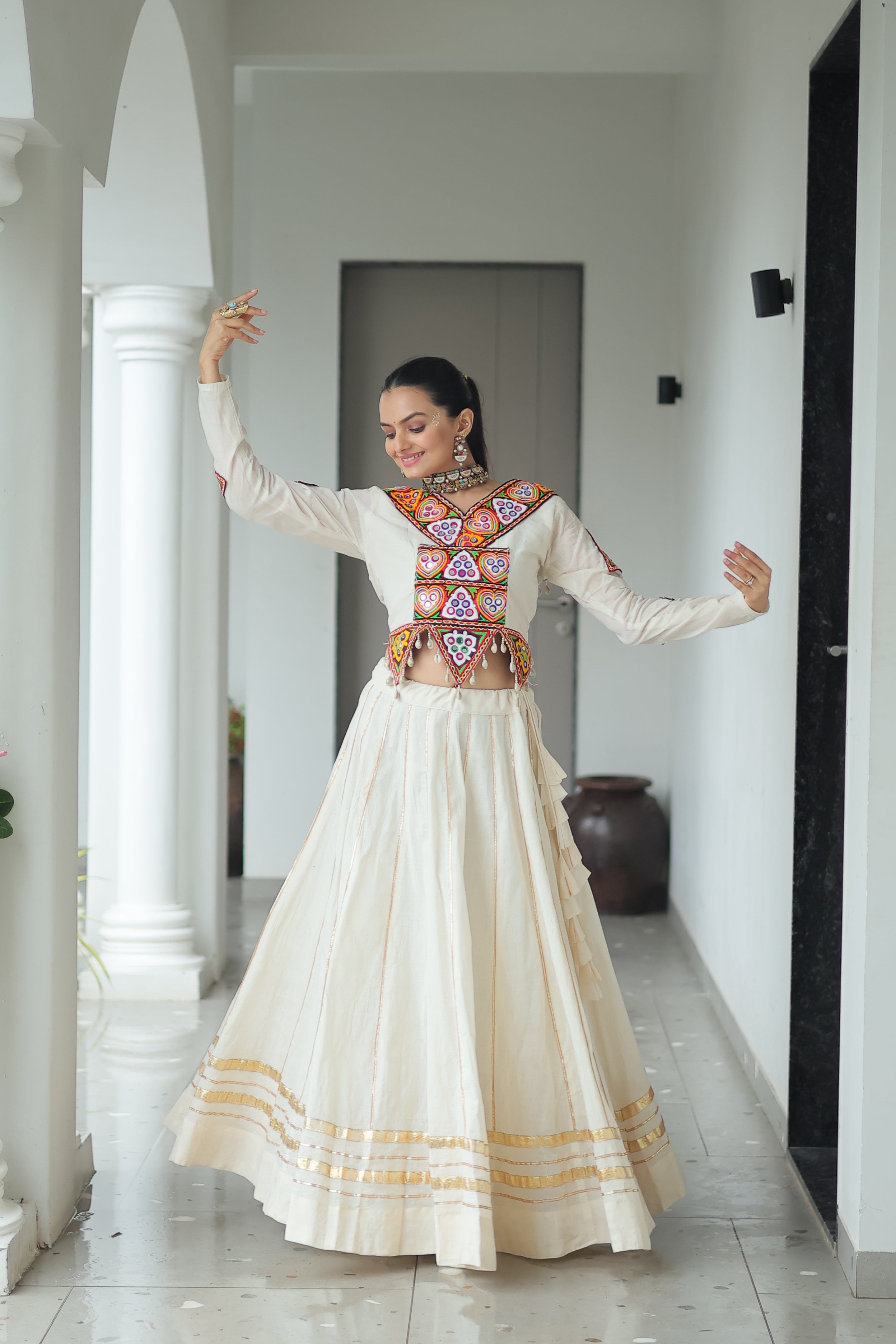 Embroidered Mirror Work Jacket with Flared Lehenga Set