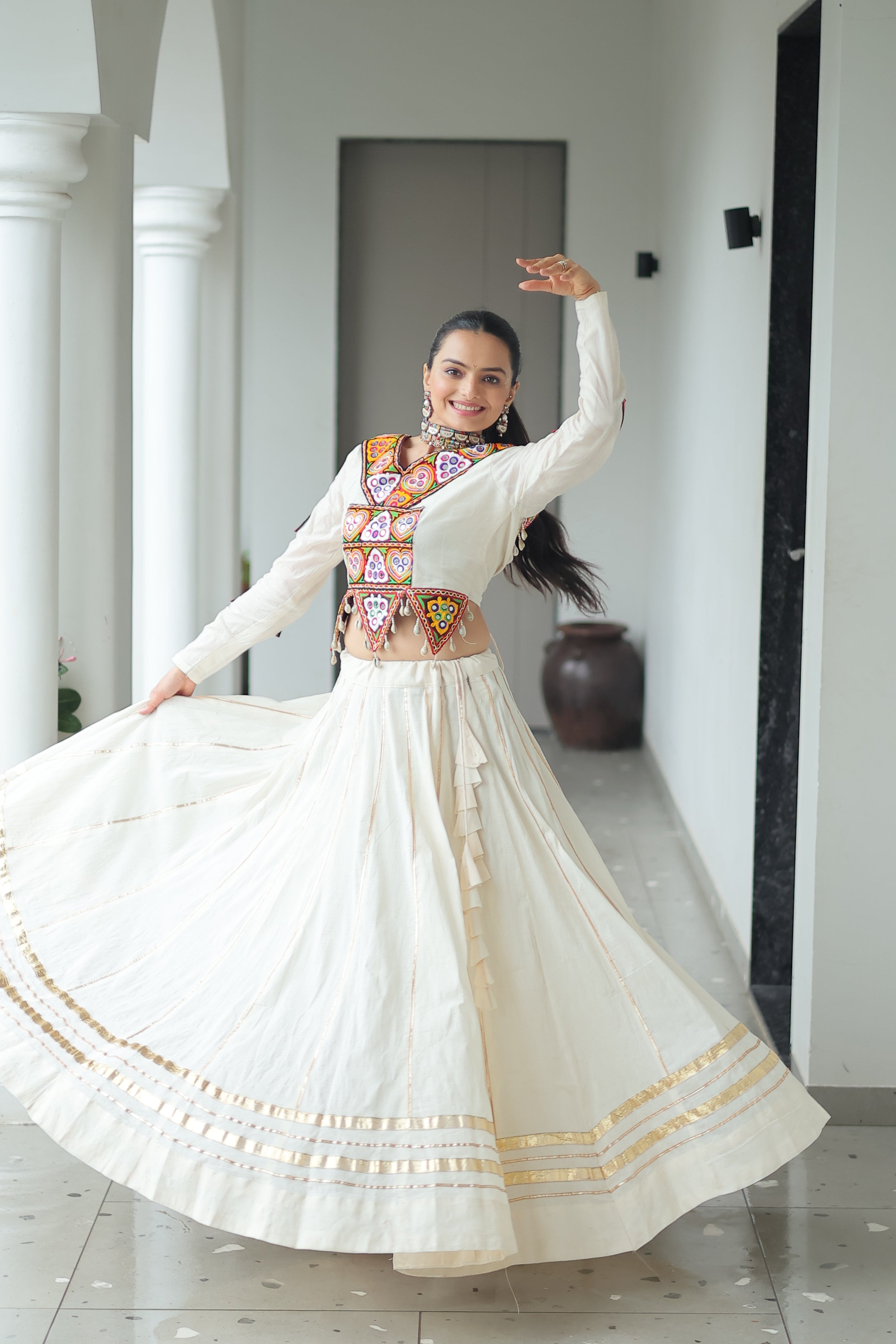 Embroidered Mirror Work Jacket with Flared Lehenga Set