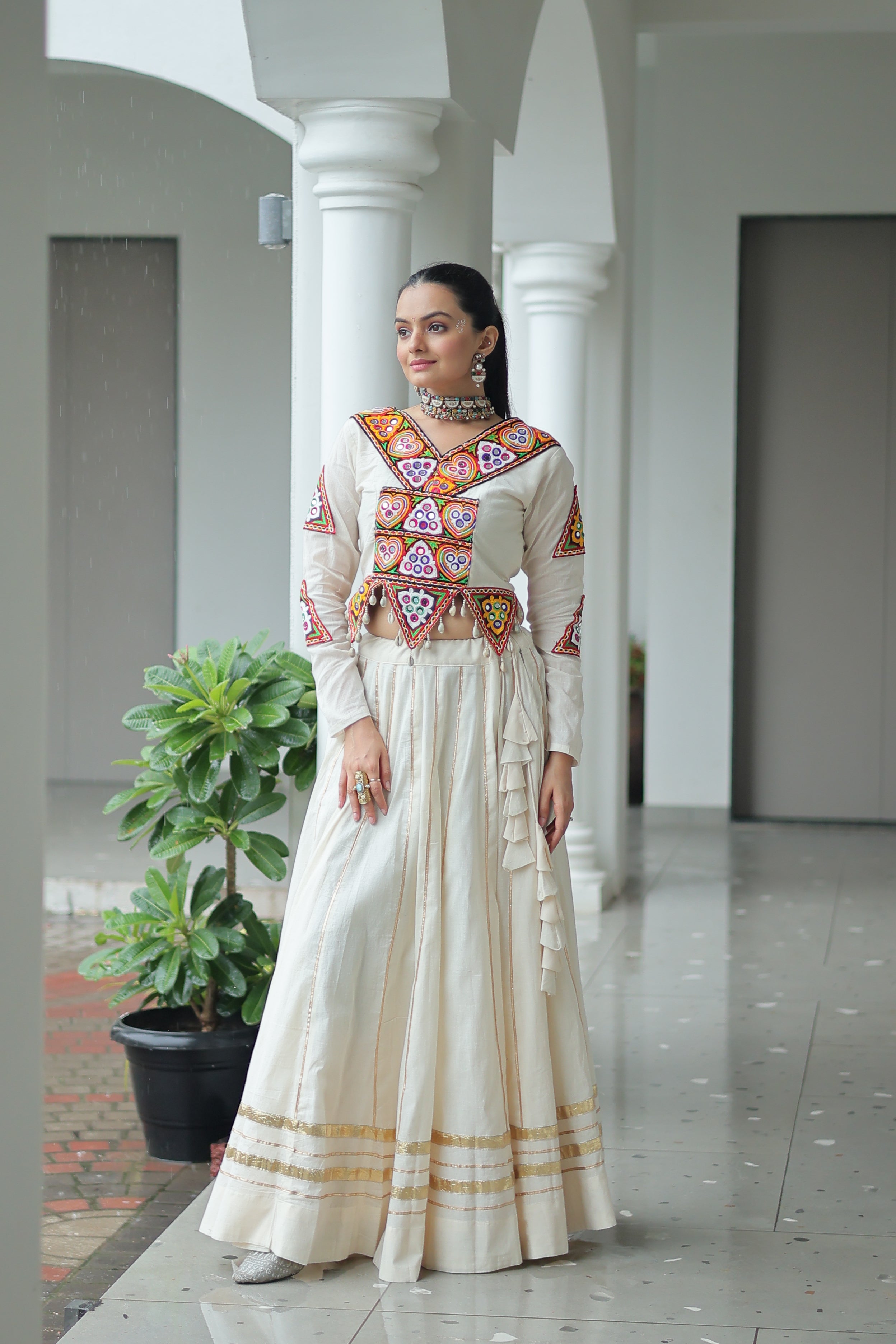 Embroidered Mirror Work Jacket with Flared Lehenga Set