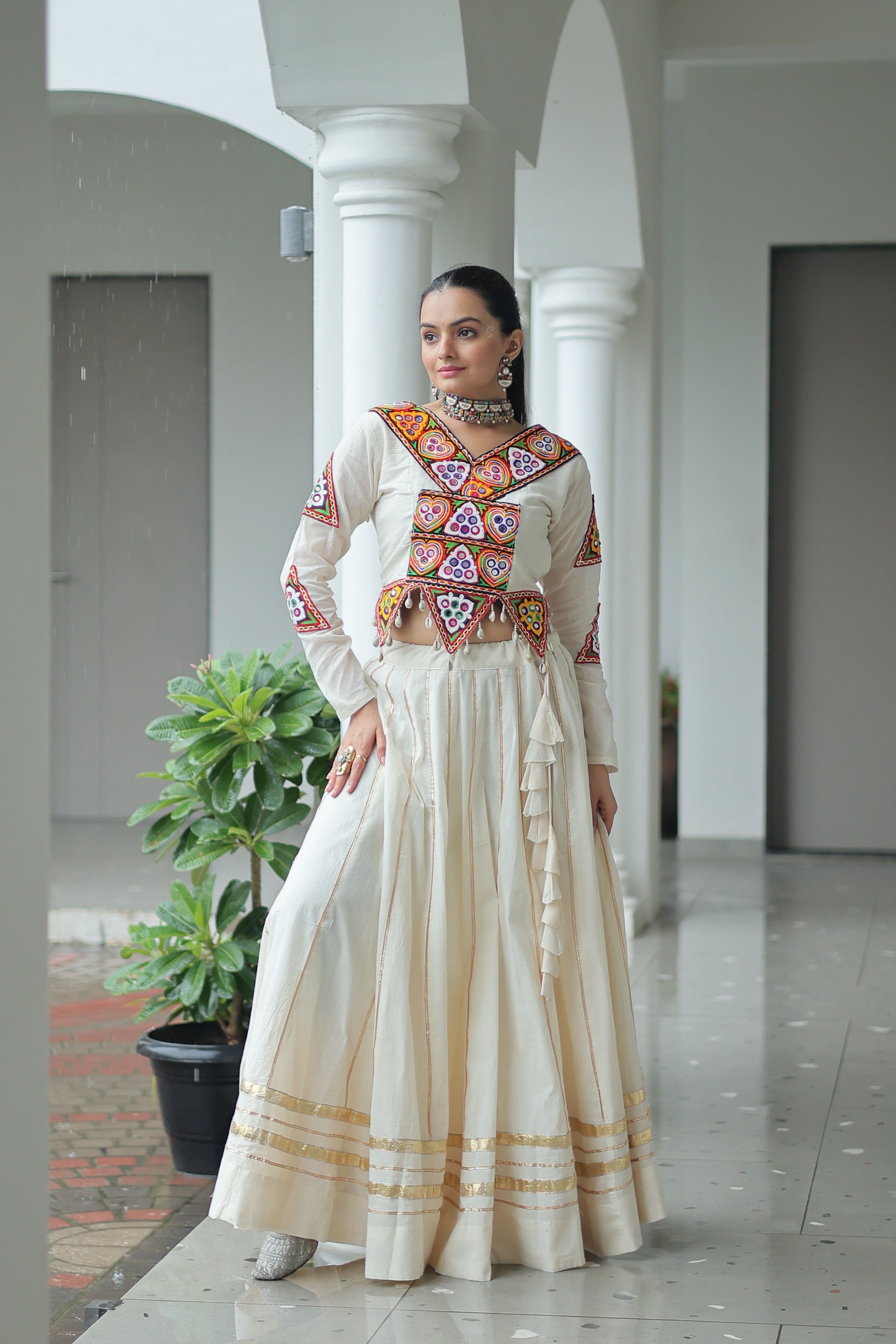 Embroidered Mirror Work Jacket with Flared Lehenga Set