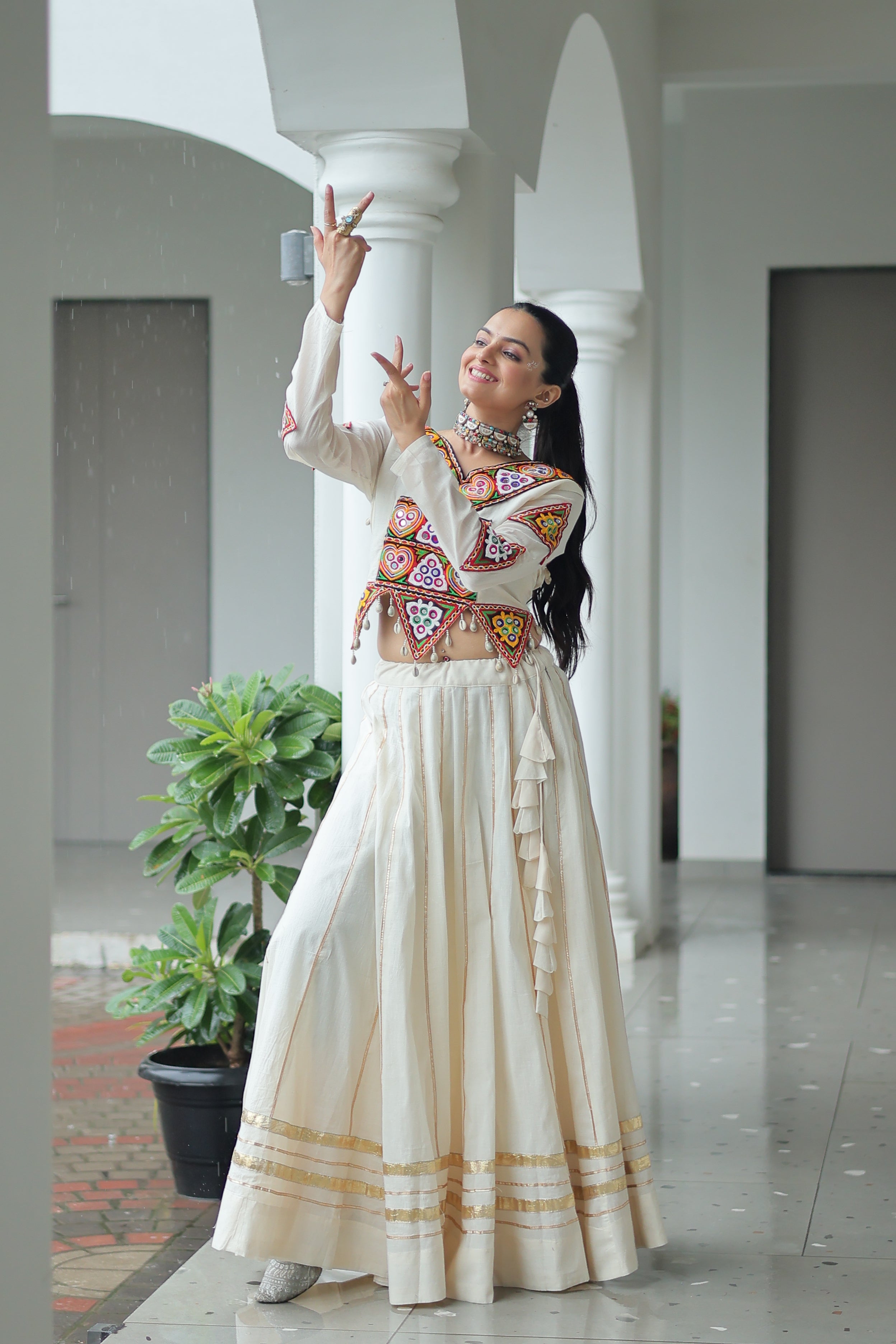Embroidered Mirror Work Jacket with Flared Lehenga Set