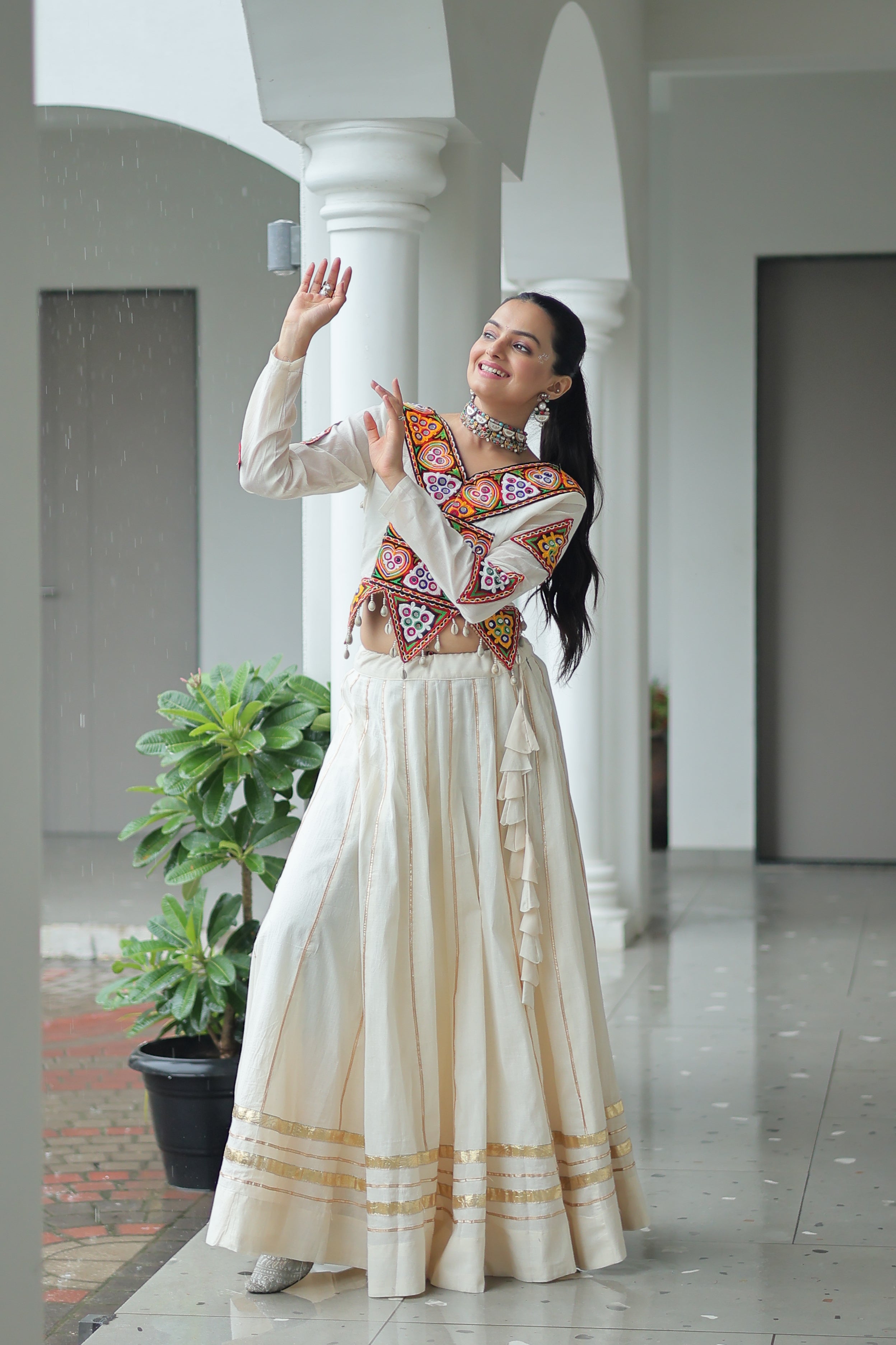 Embroidered Mirror Work Jacket with Flared Lehenga Set