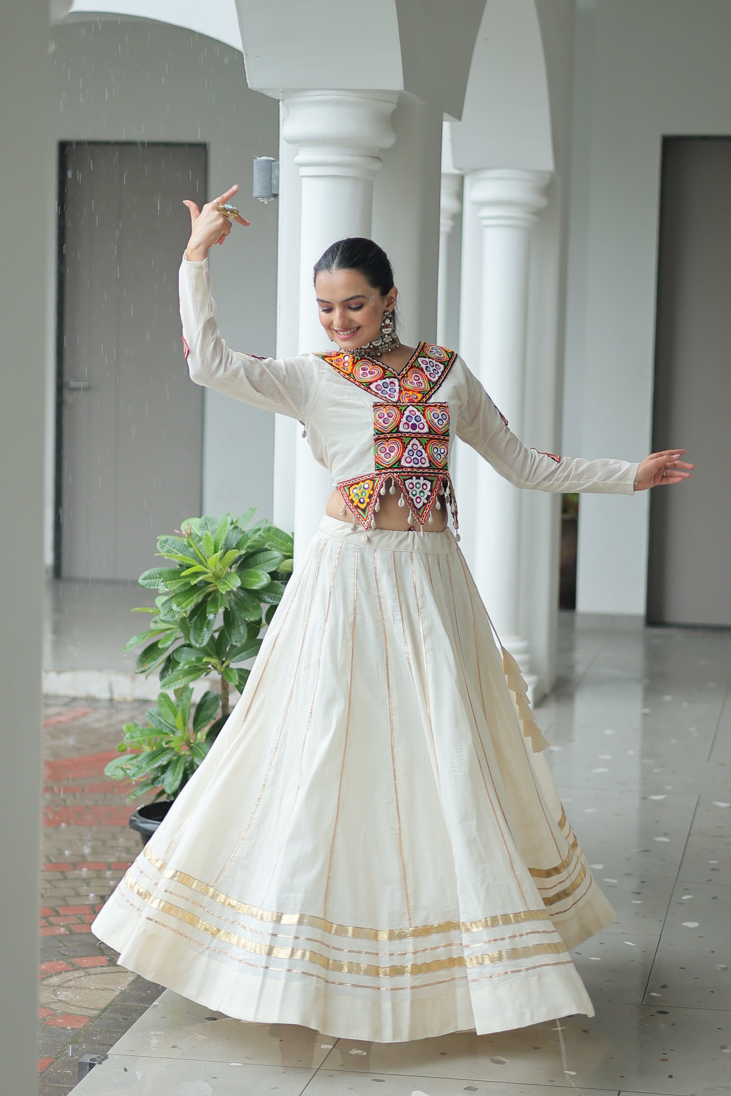 Embroidered Mirror Work Jacket with Flared Lehenga Set