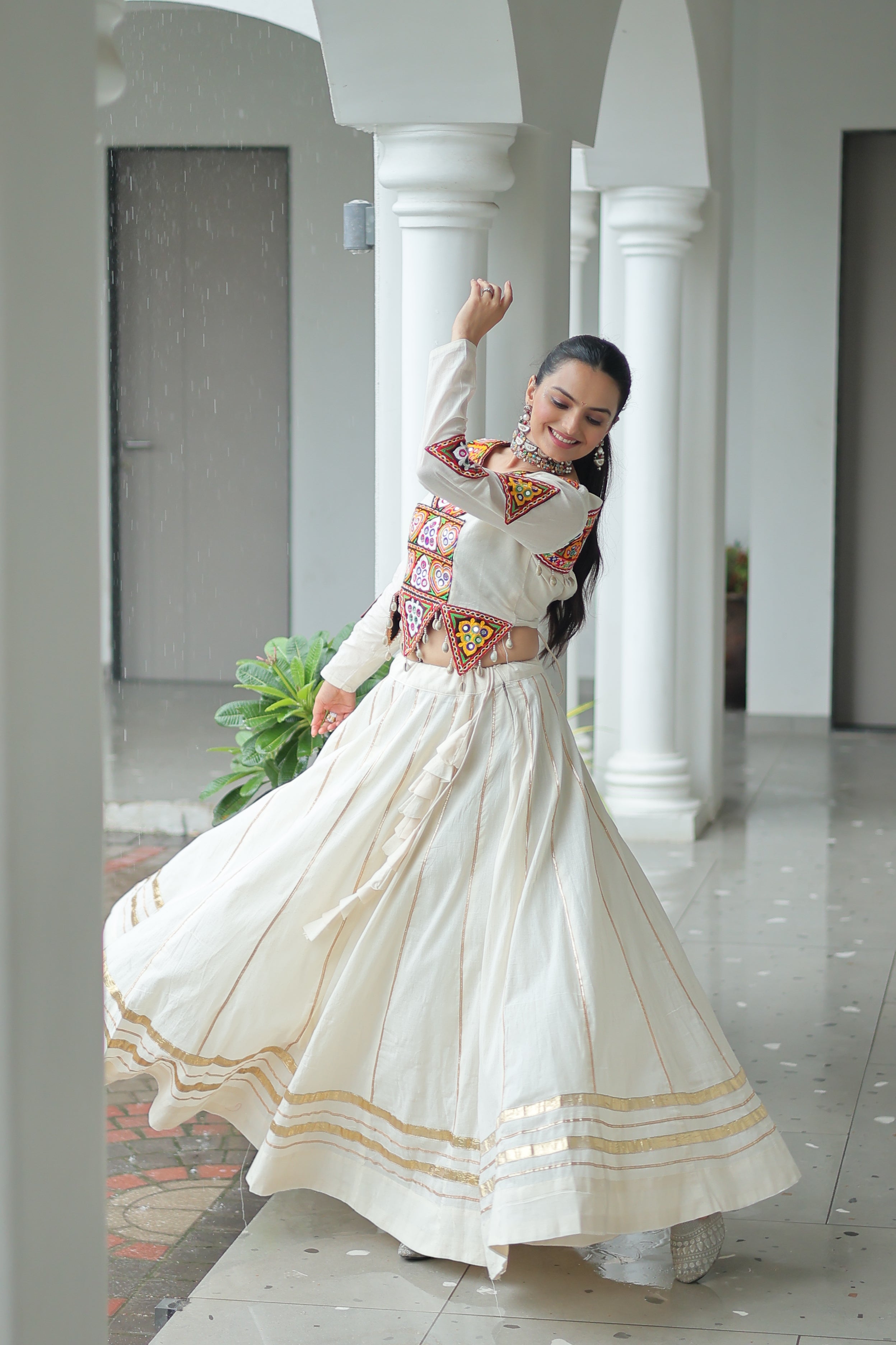 Embroidered Mirror Work Jacket with Flared Lehenga Set