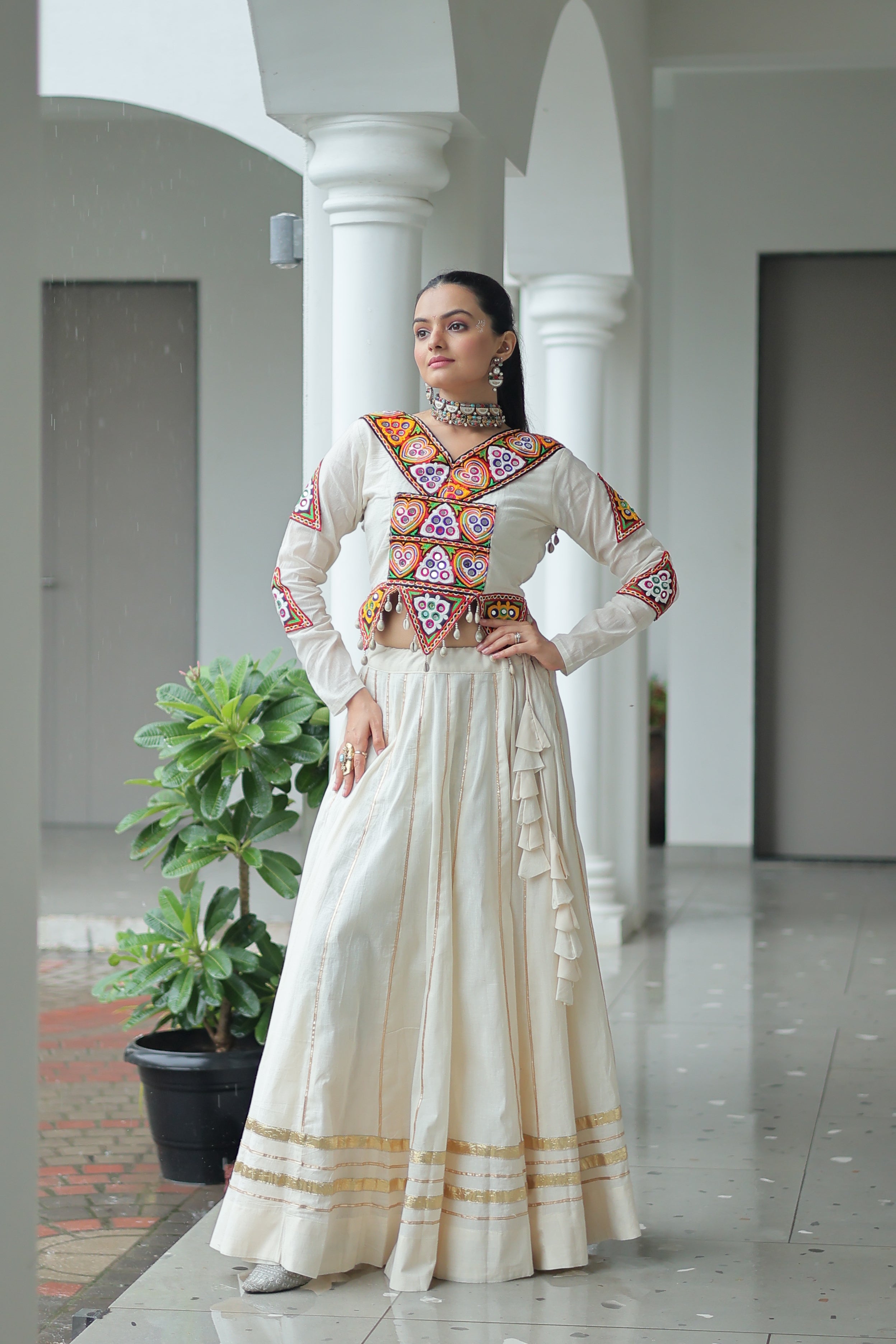 Embroidered Mirror Work Jacket with Flared Lehenga Set