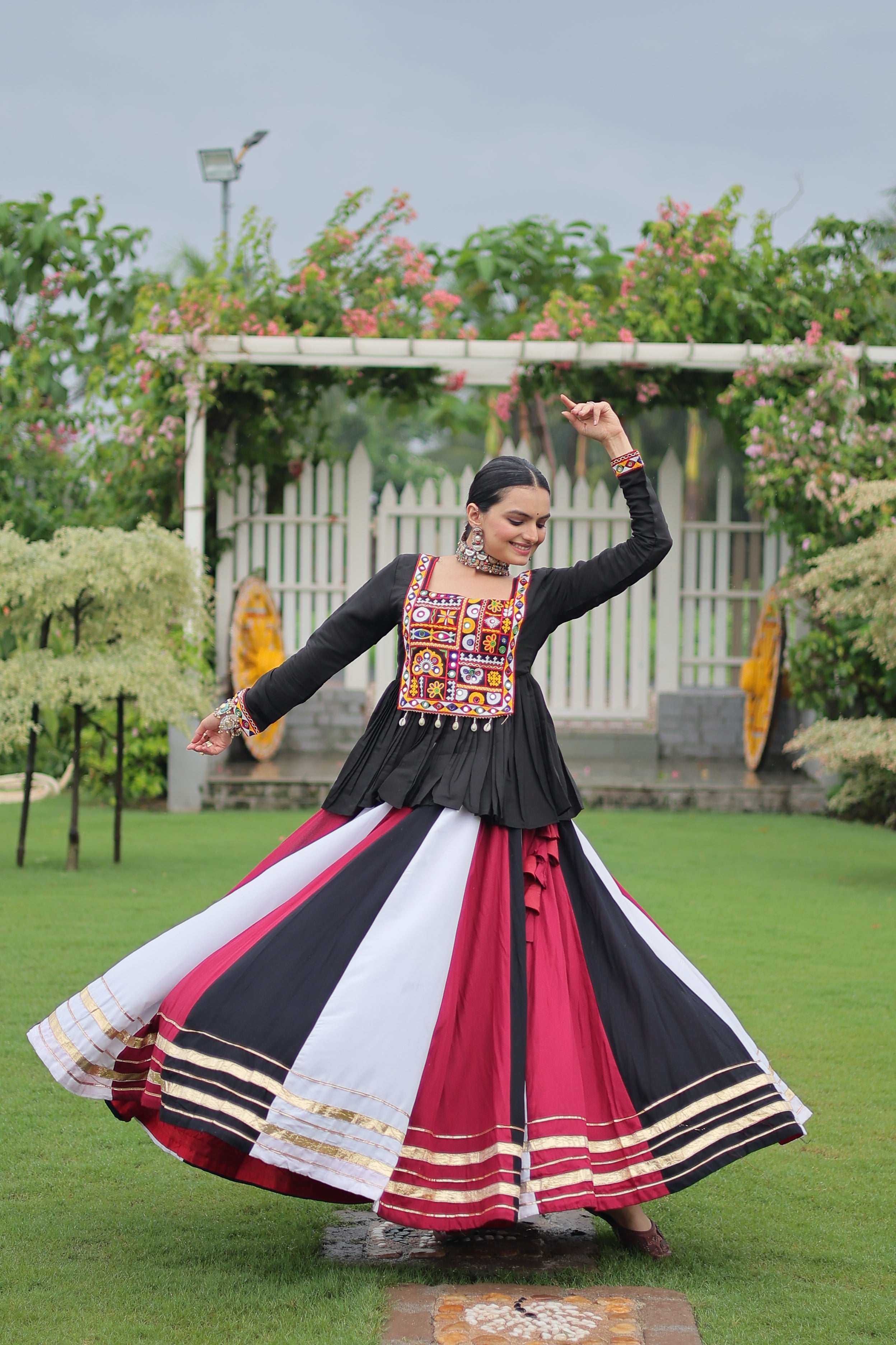 Black Mirror Embroidered Peplum Choli with Multicolor Kutchi Work