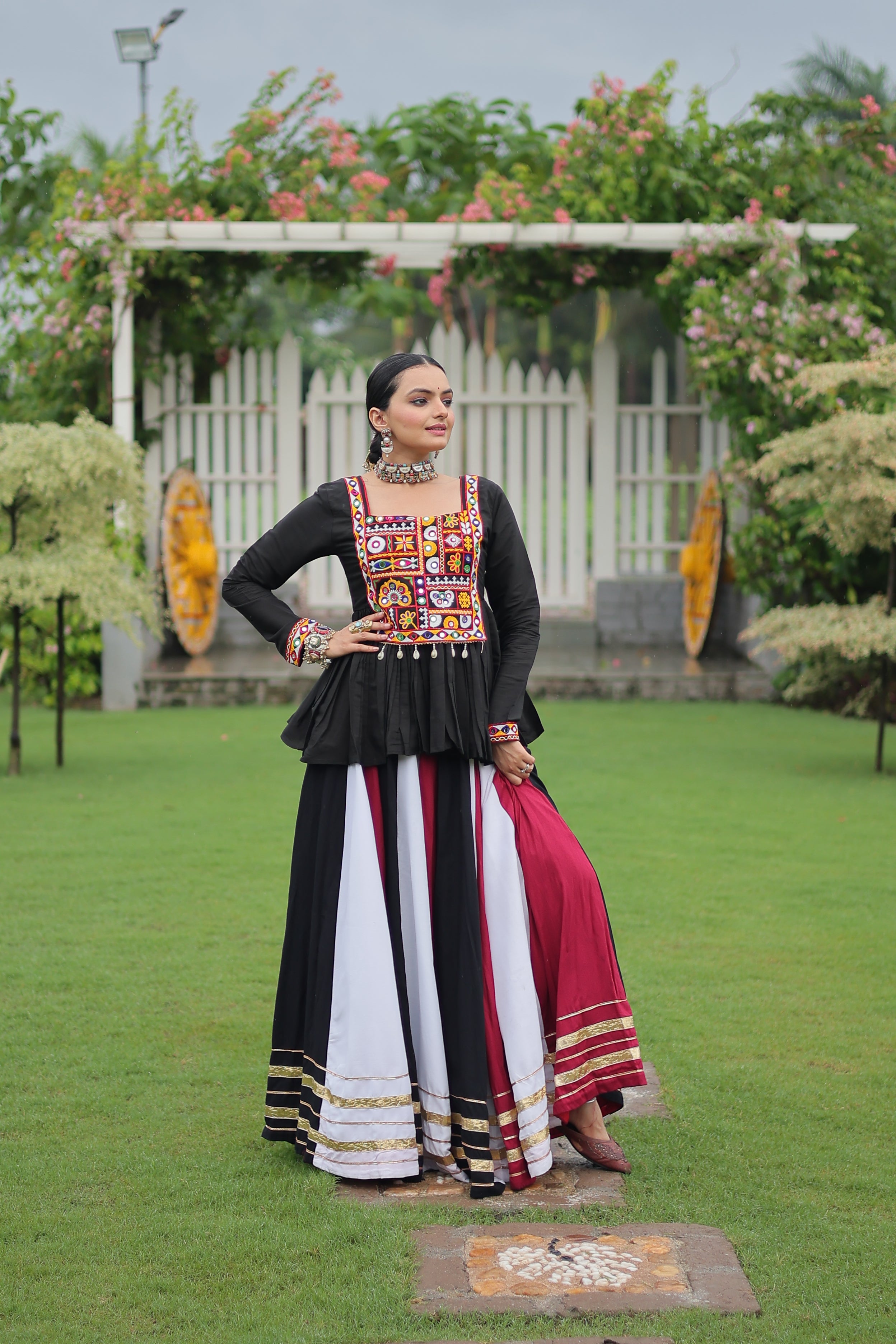 Black Mirror Embroidered Peplum Choli with Multicolor Kutchi Work