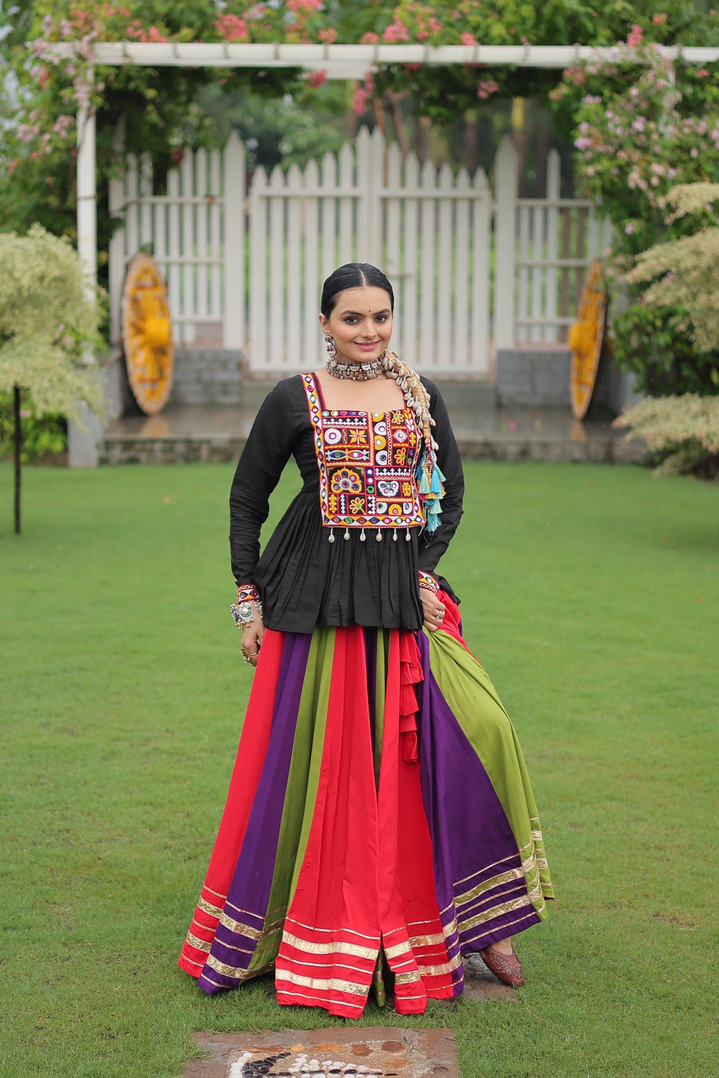 Black Mirror Embroidered Peplum Choli with Multicolor Kutchi Work