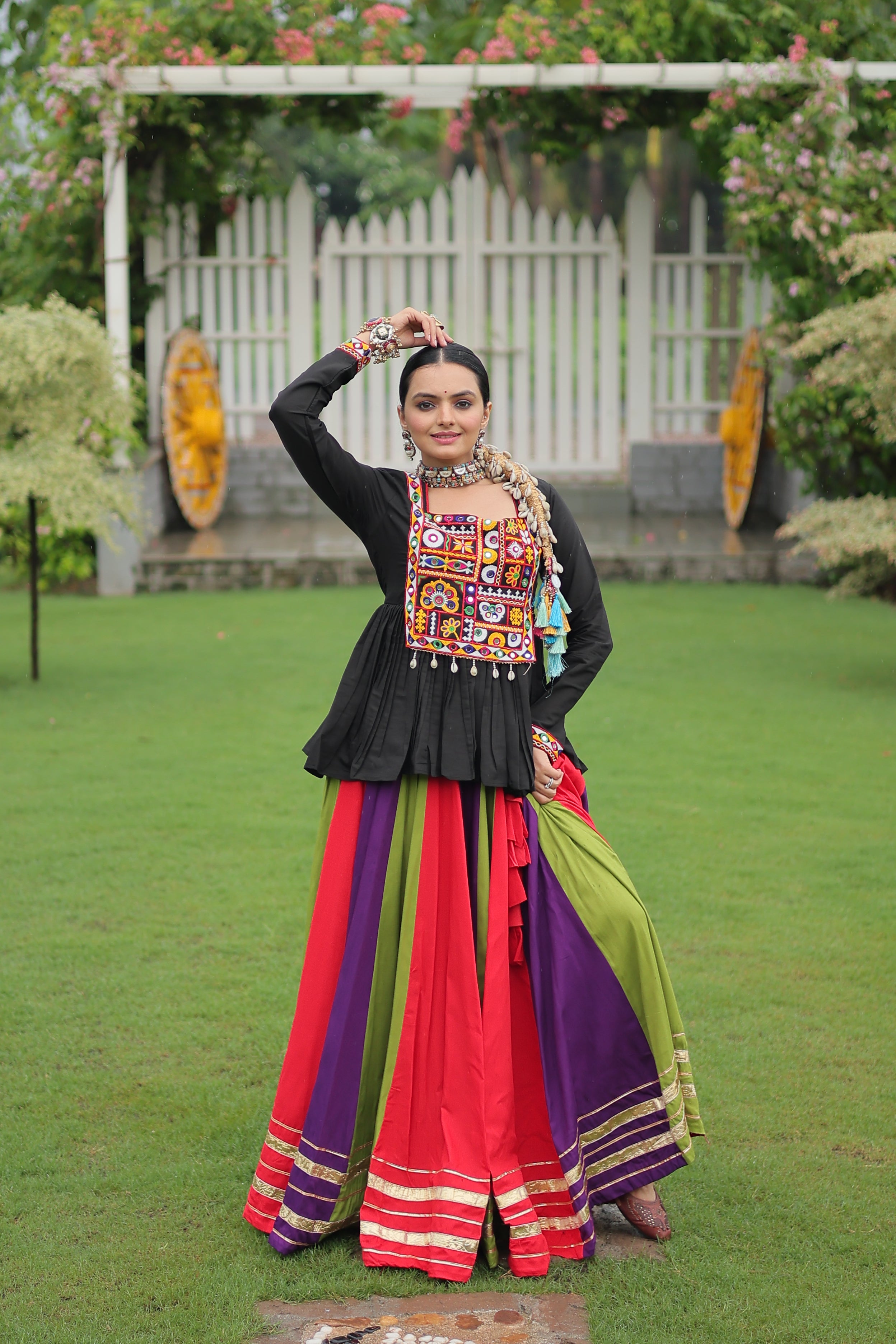Black Mirror Embroidered Peplum Choli with Multicolor Kutchi Work