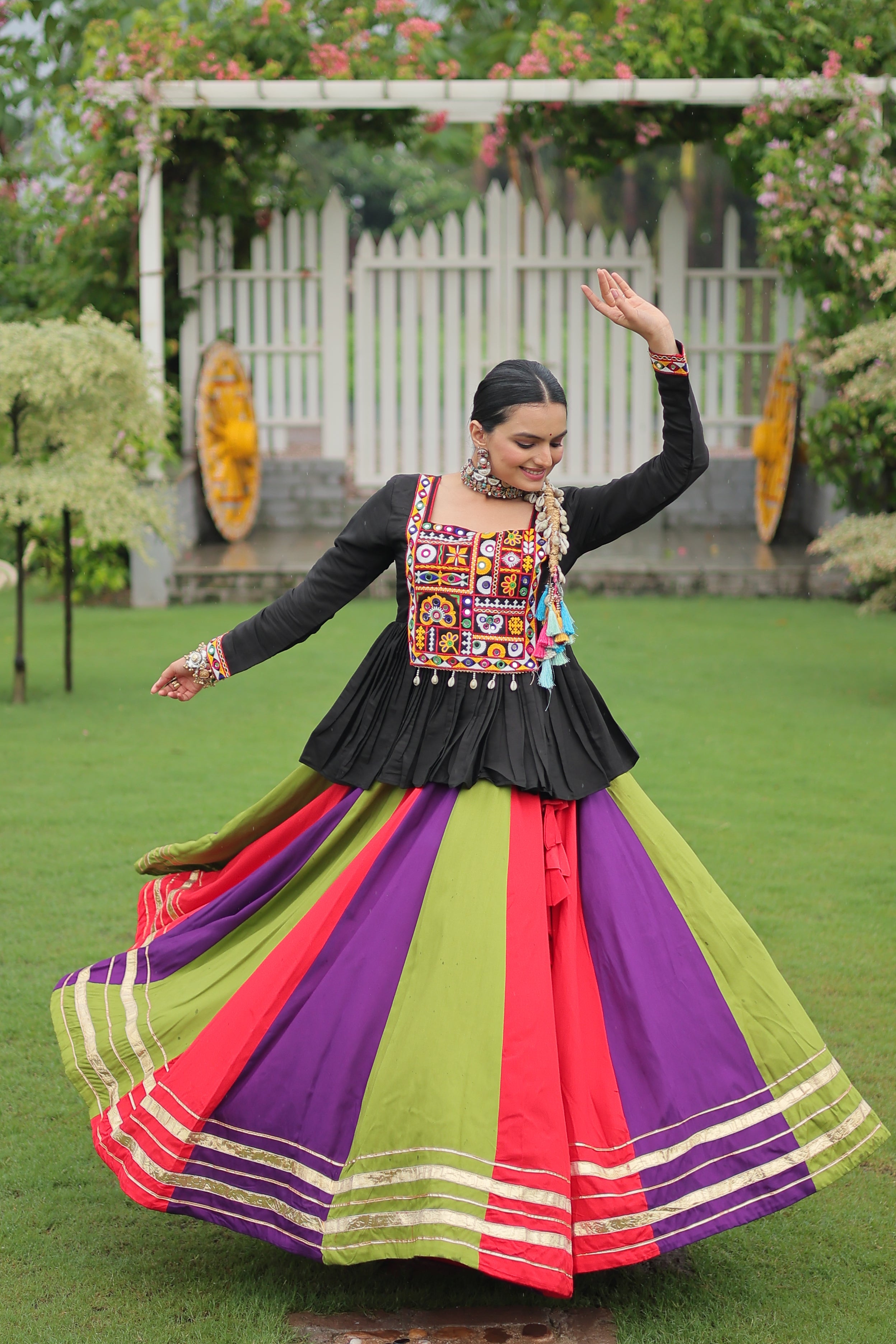 Black Mirror Embroidered Peplum Choli with Multicolor Kutchi Work