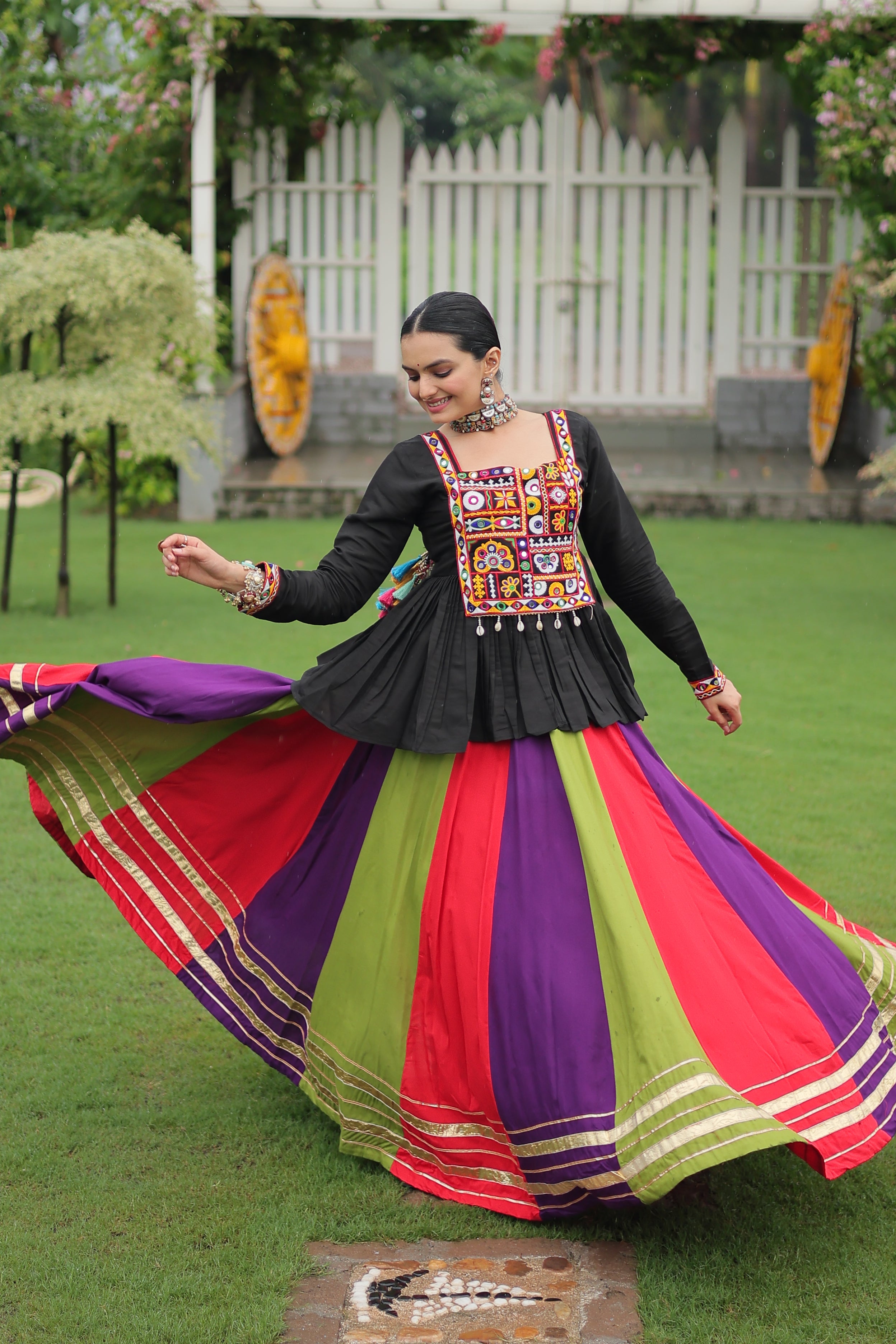 Black Mirror Embroidered Peplum Choli with Multicolor Kutchi Work