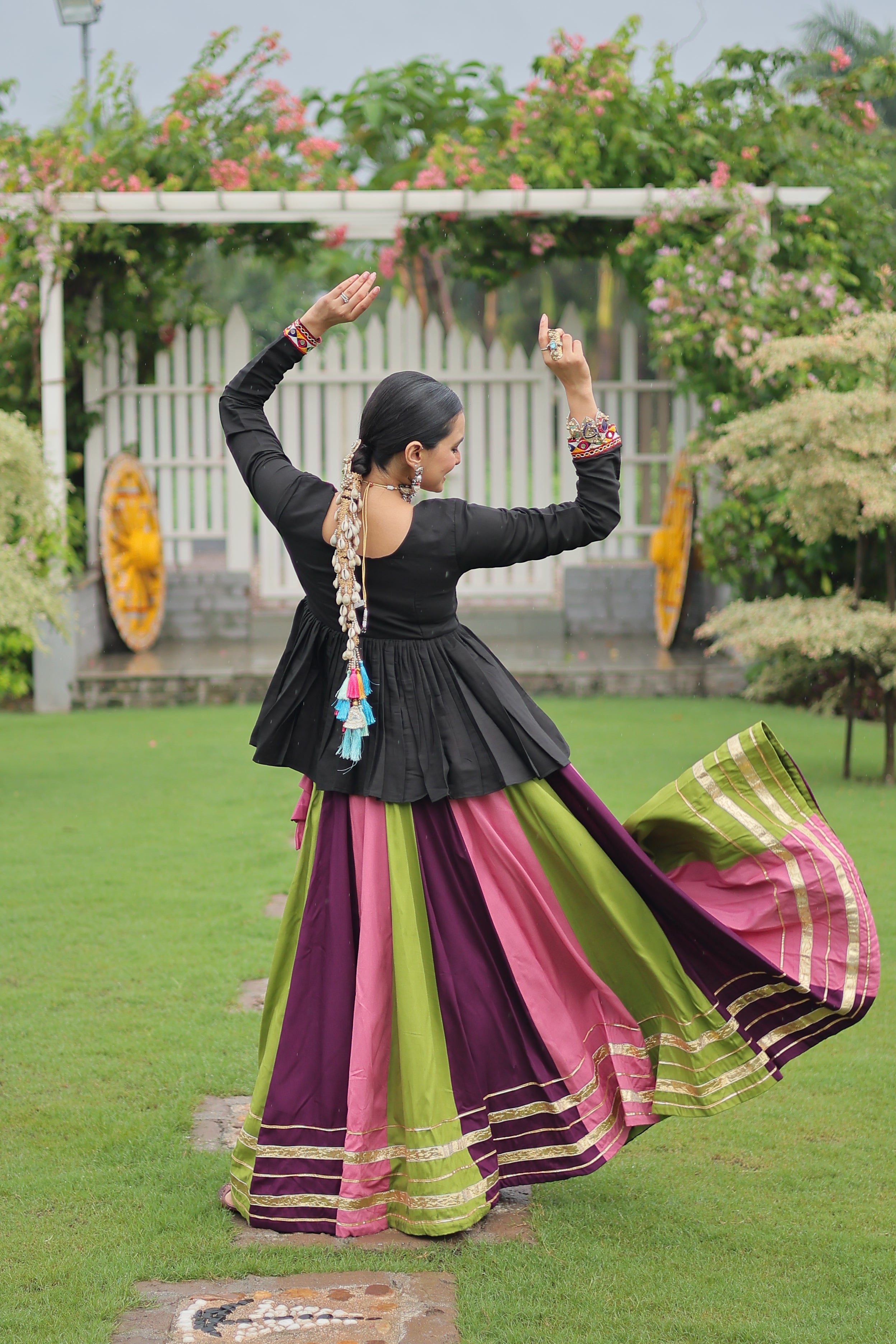 Black Mirror Embroidered Peplum Choli with Multicolor Kutchi Work