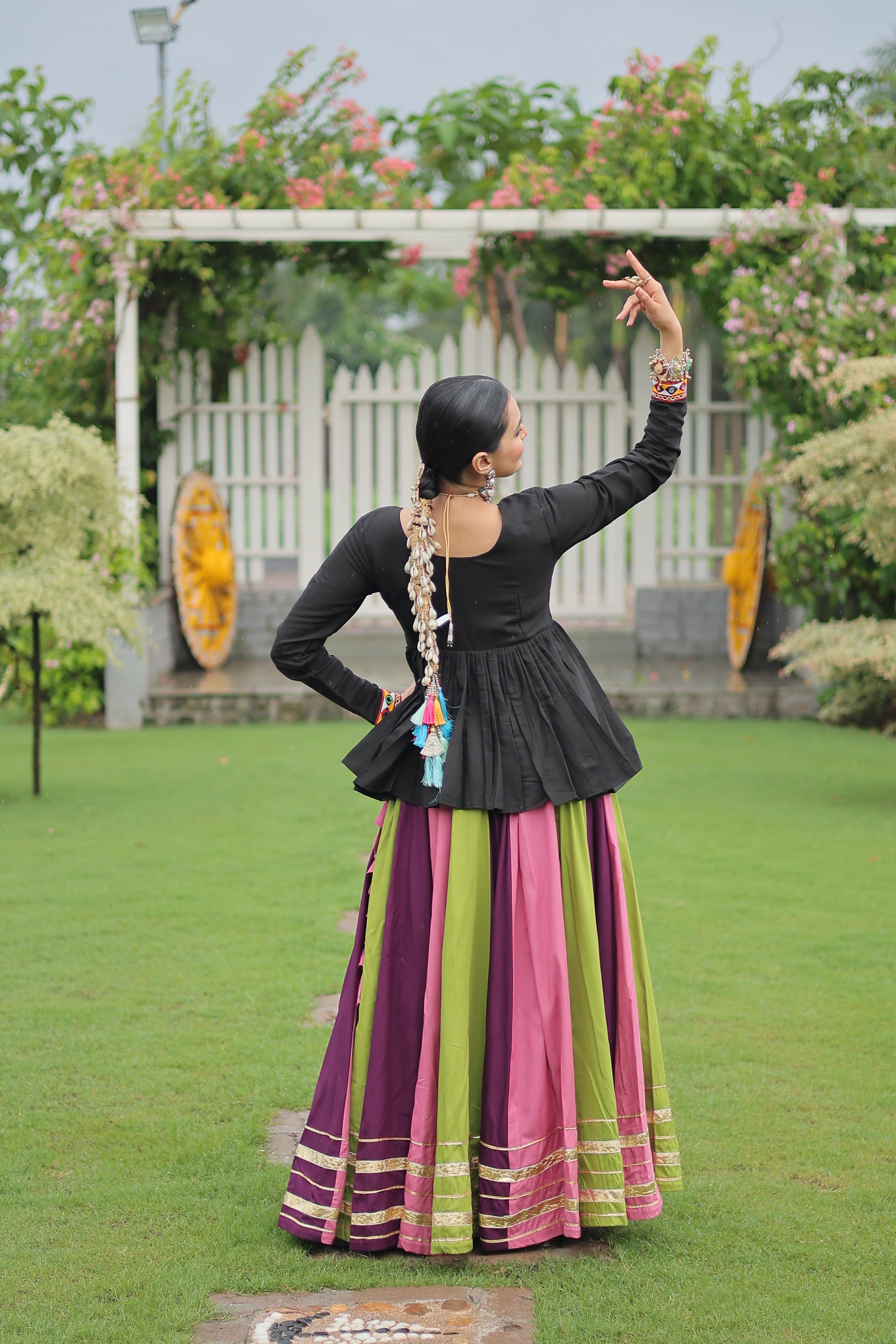 Black Mirror Embroidered Peplum Choli with Multicolor Kutchi Work