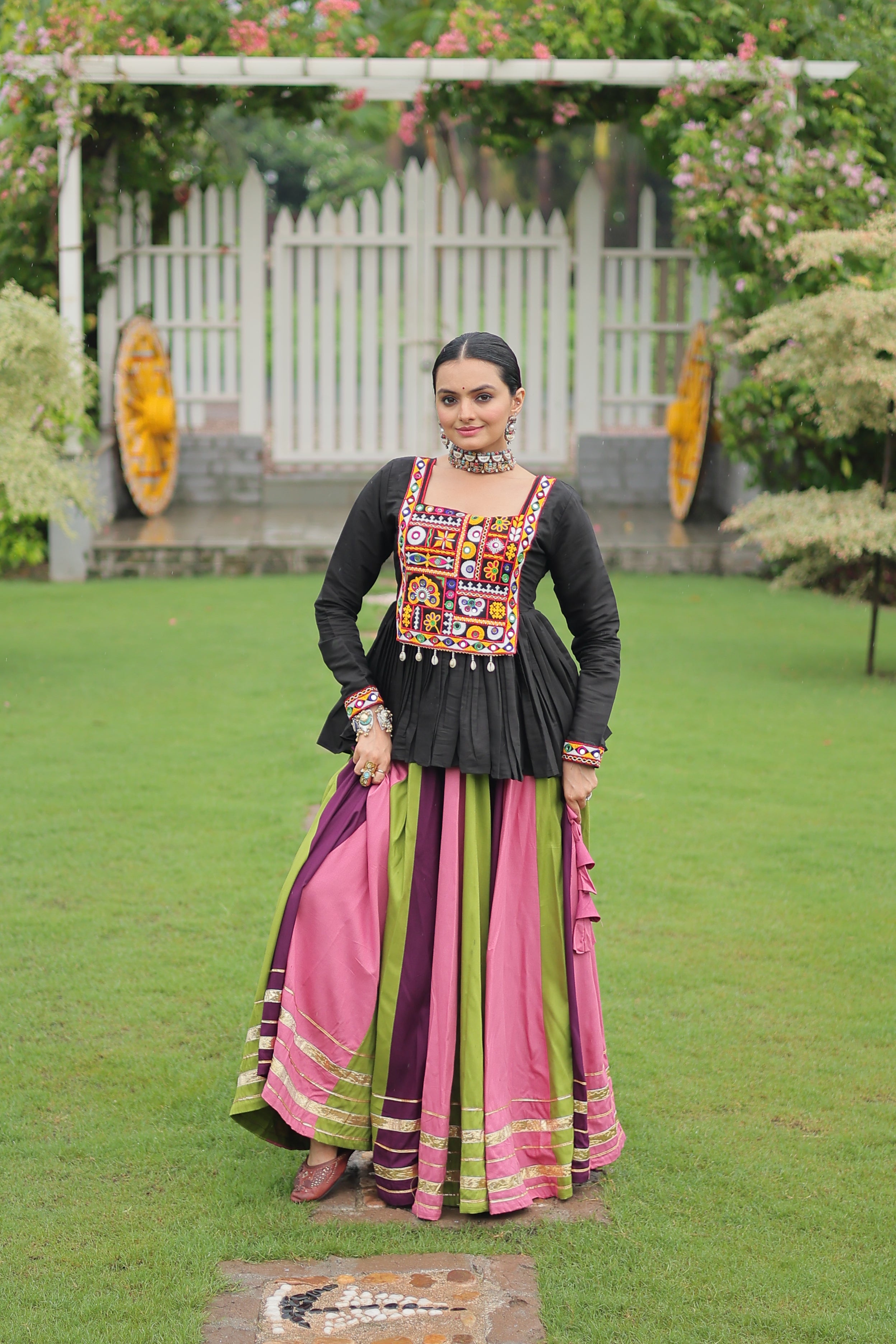Black Mirror Embroidered Peplum Choli with Multicolor Kutchi Work