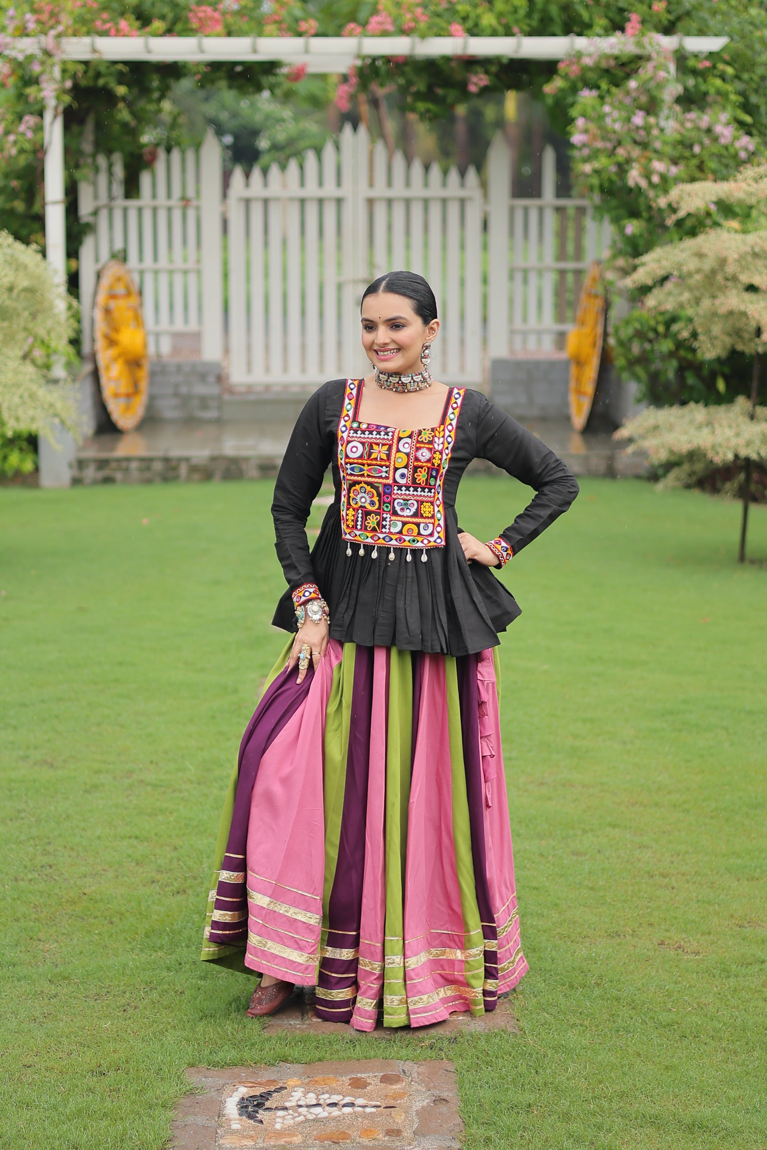 Black Mirror Embroidered Peplum Choli with Multicolor Kutchi Work