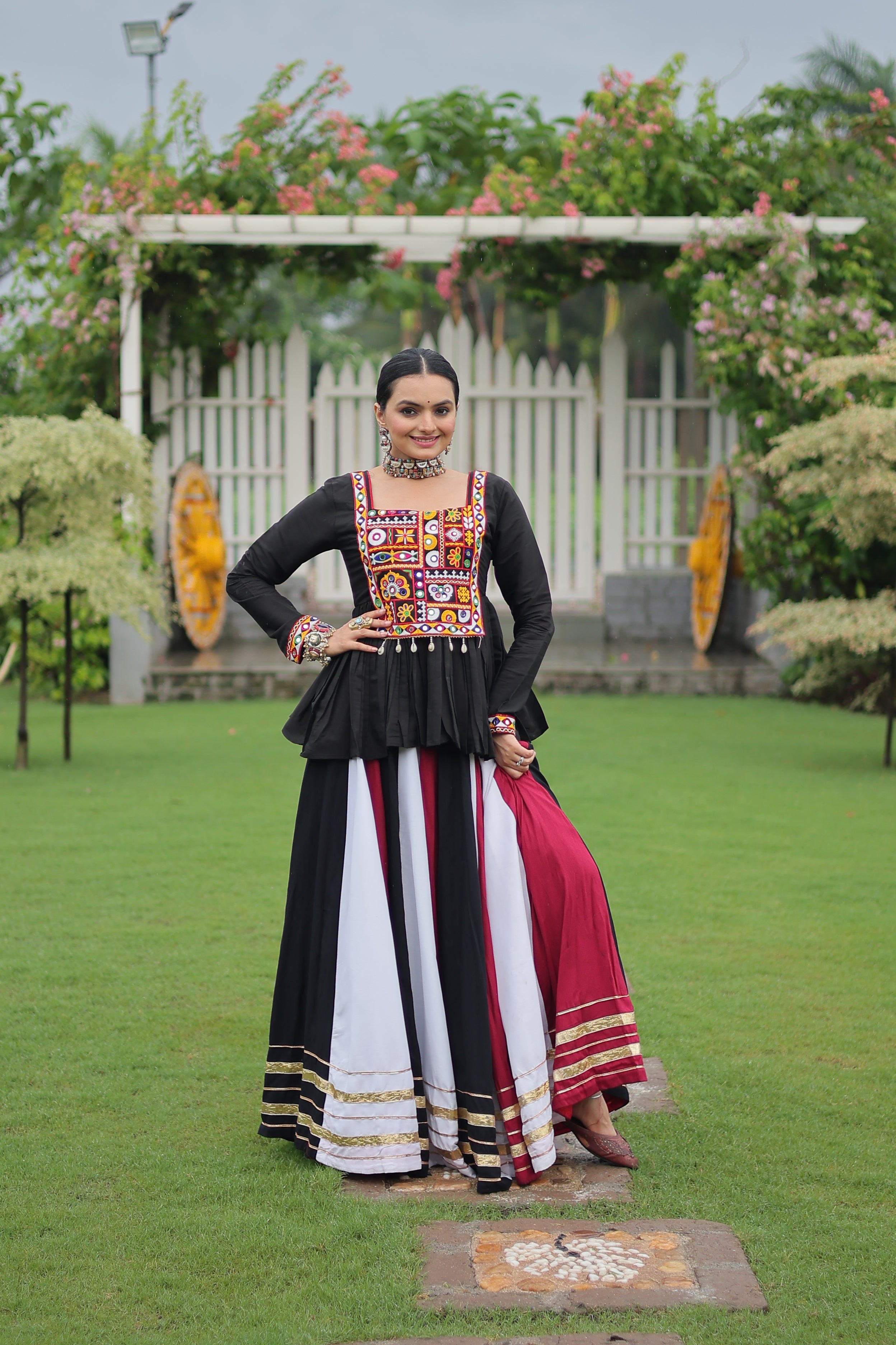 Black Mirror Embroidered Peplum Choli with Multicolor Kutchi Work