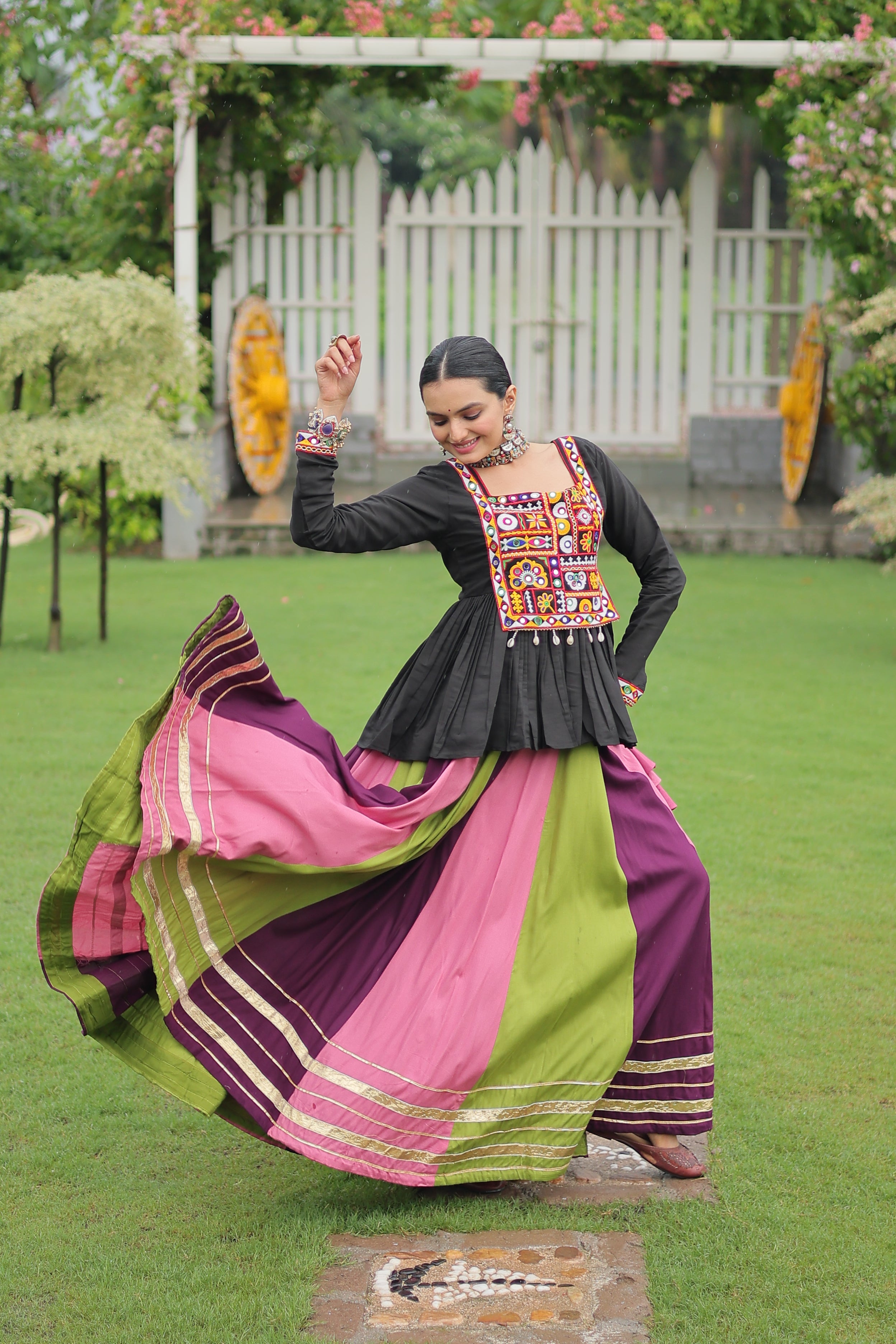 Black Mirror Embroidered Peplum Choli with Multicolor Kutchi Work
