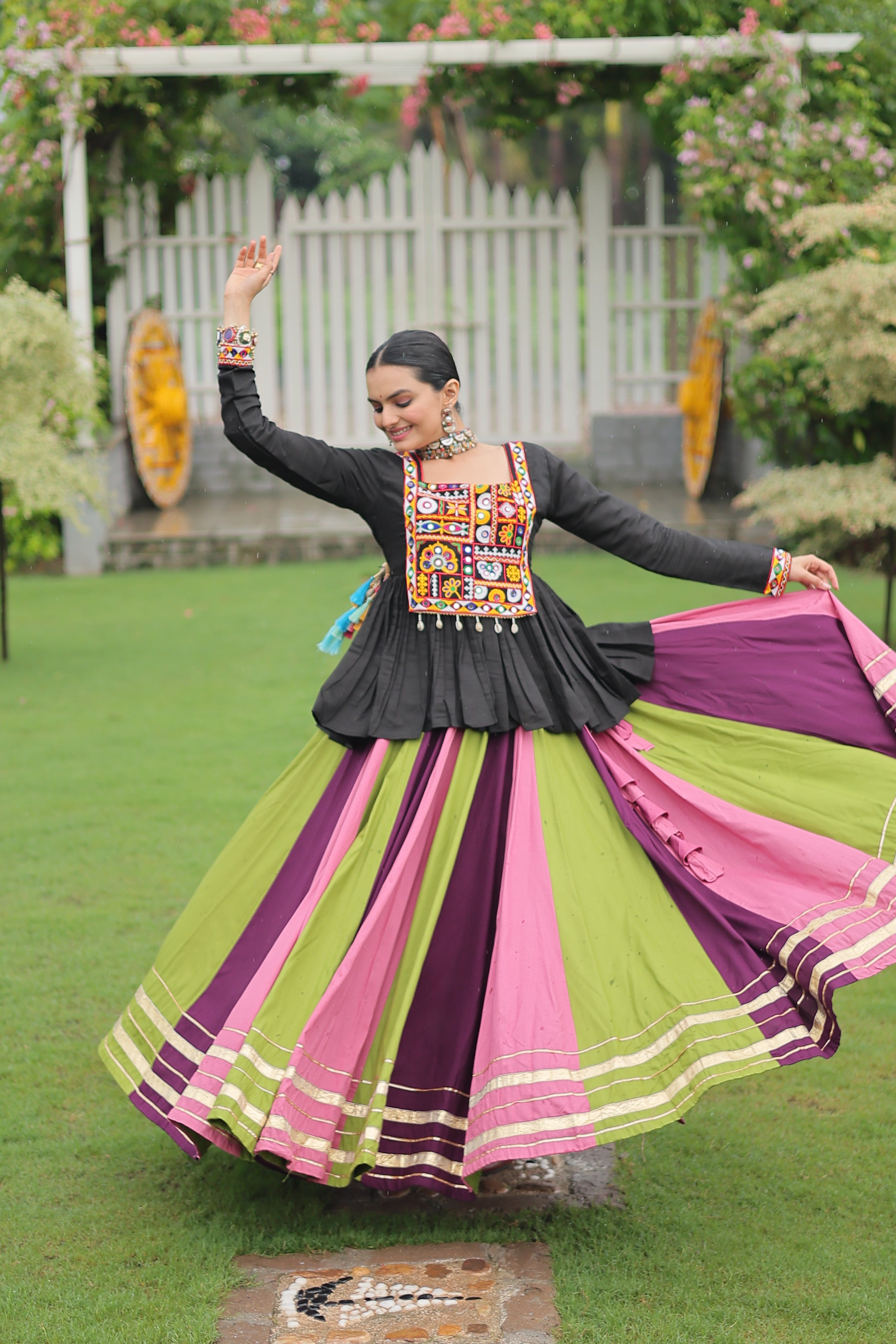 Black Mirror Embroidered Peplum Choli with Multicolor Kutchi Work