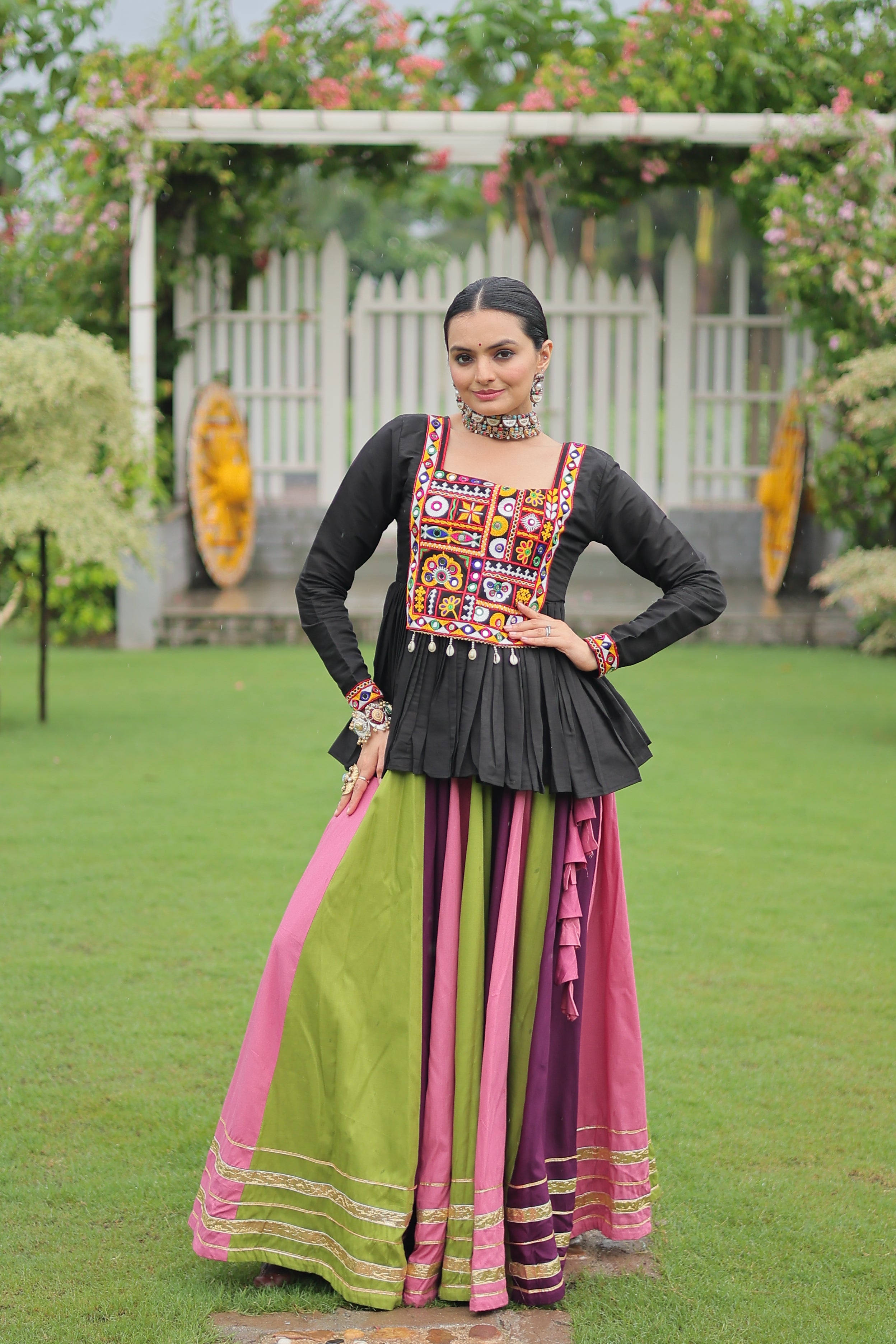Black Mirror Embroidered Peplum Choli with Multicolor Kutchi Work