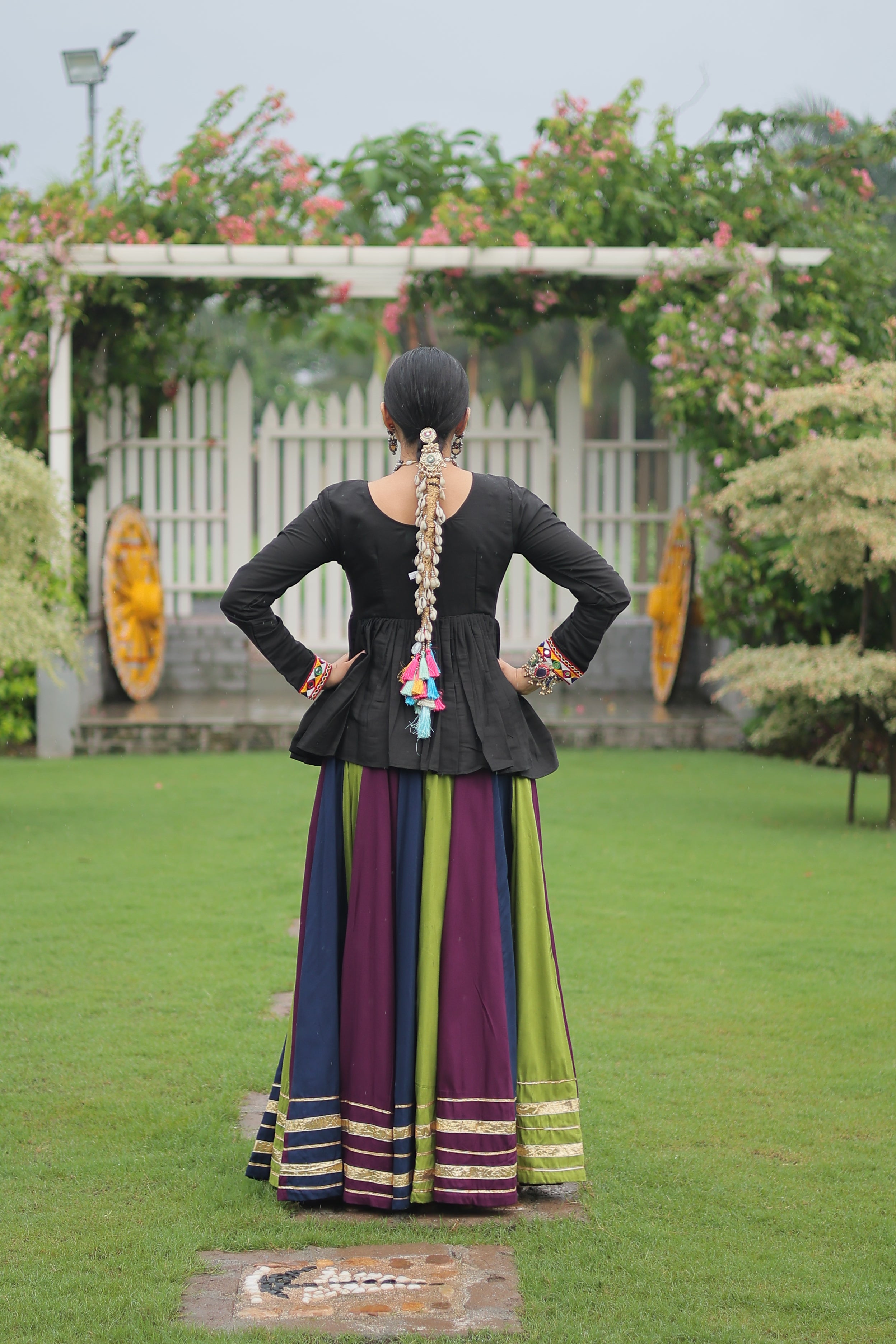 Black Mirror Embroidered Peplum Choli with Multicolor Kutchi Work
