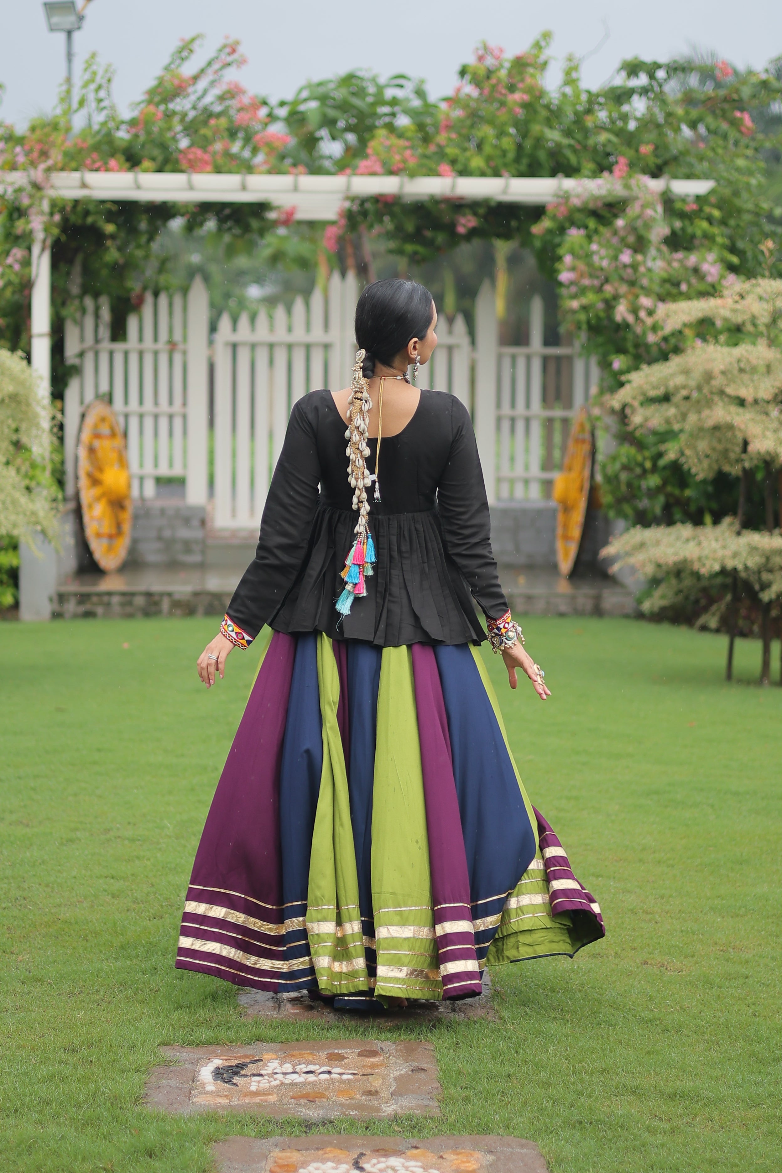 Black Mirror Embroidered Peplum Choli with Multicolor Kutchi Work