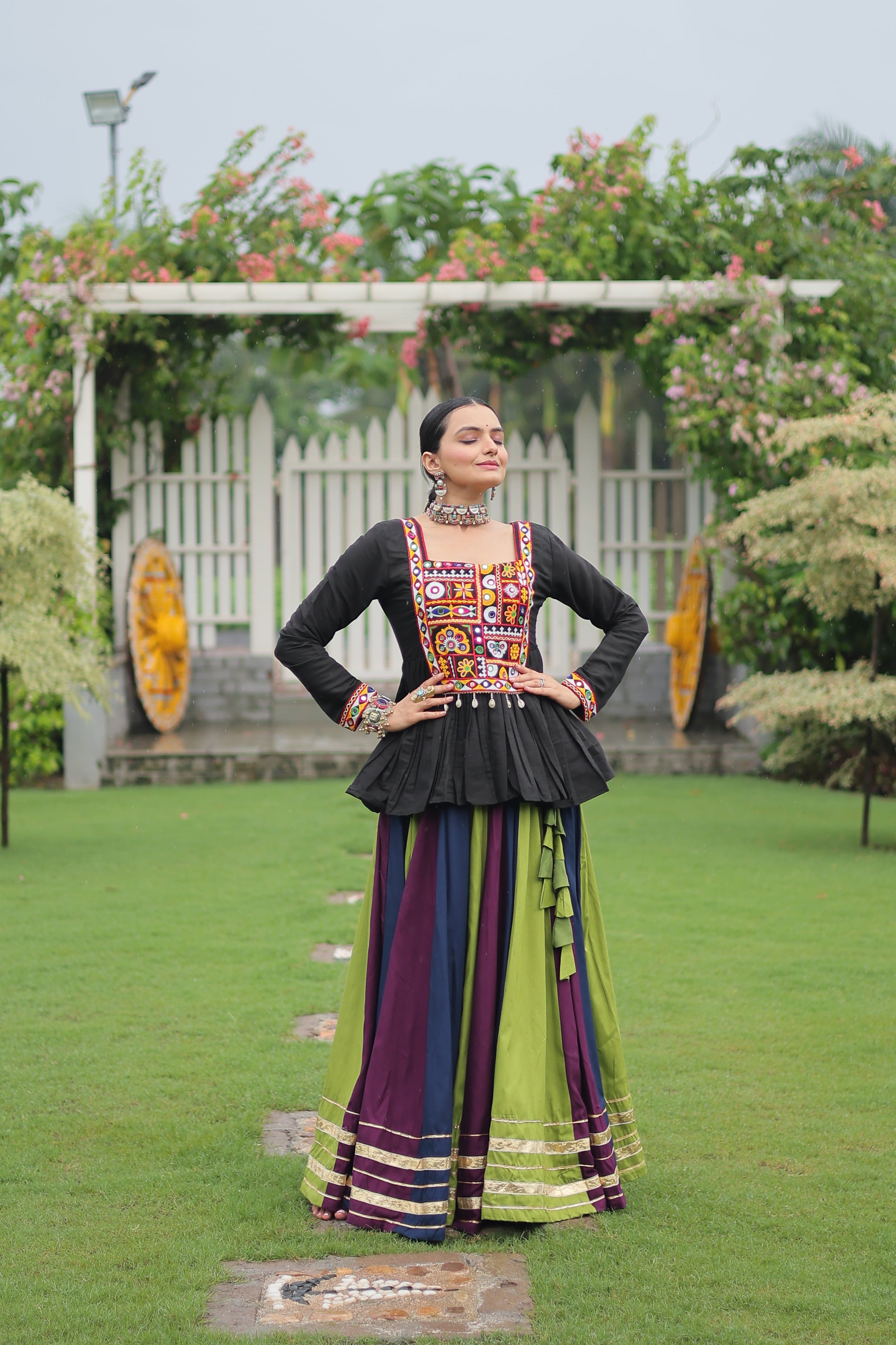 Black Mirror Embroidered Peplum Choli with Multicolor Kutchi Work