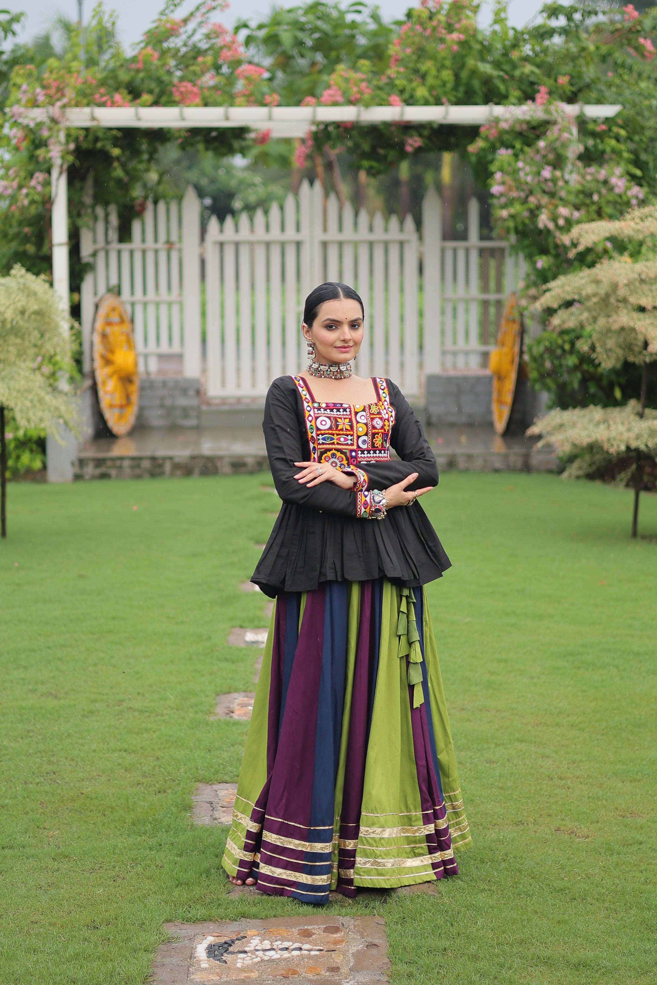 Black Mirror Embroidered Peplum Choli with Multicolor Kutchi Work