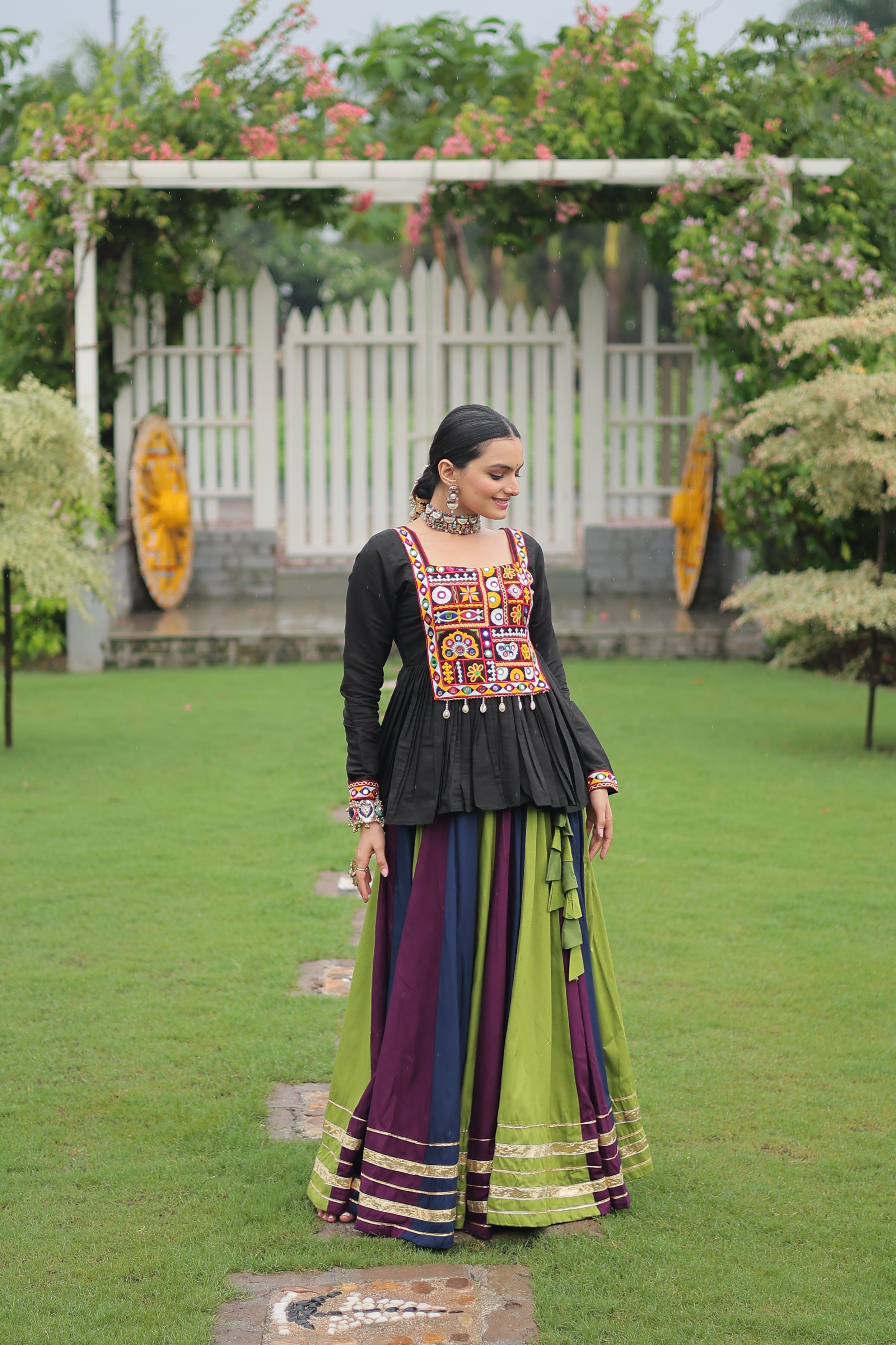 Black Mirror Embroidered Peplum Choli with Multicolor Kutchi Work