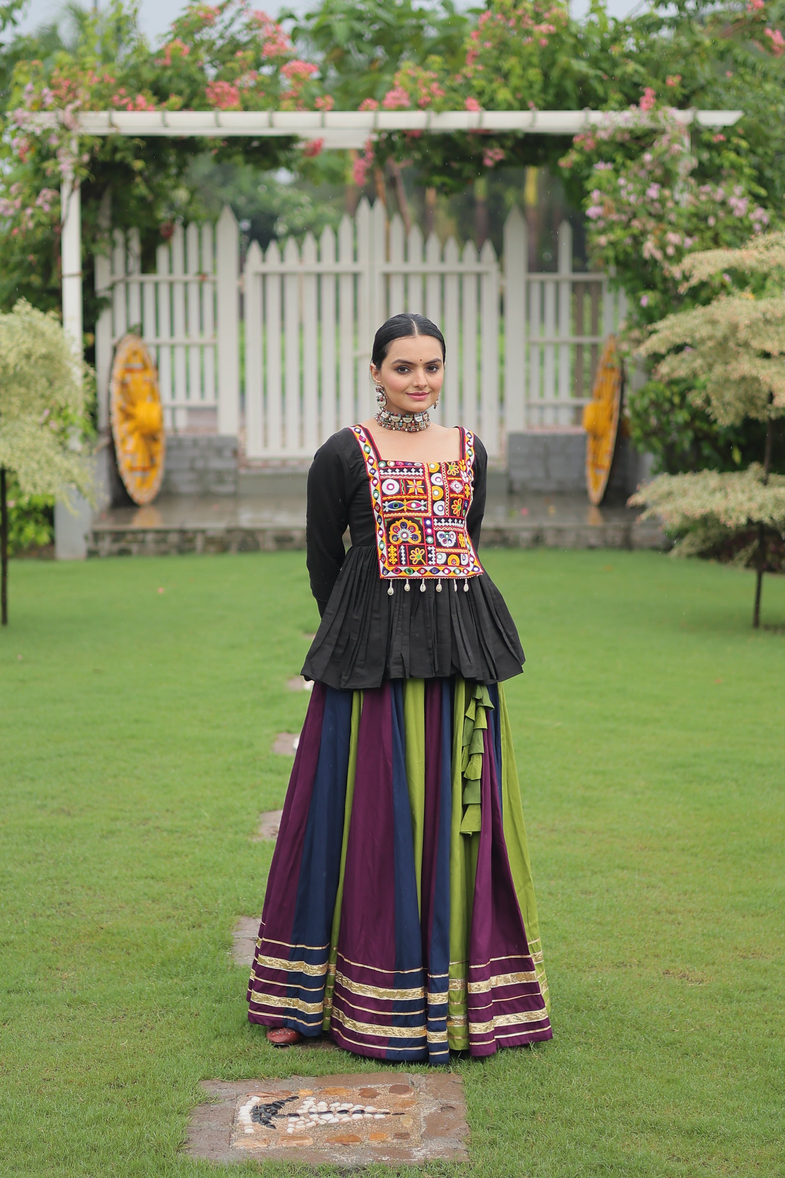 Black Mirror Embroidered Peplum Choli with Multicolor Kutchi Work