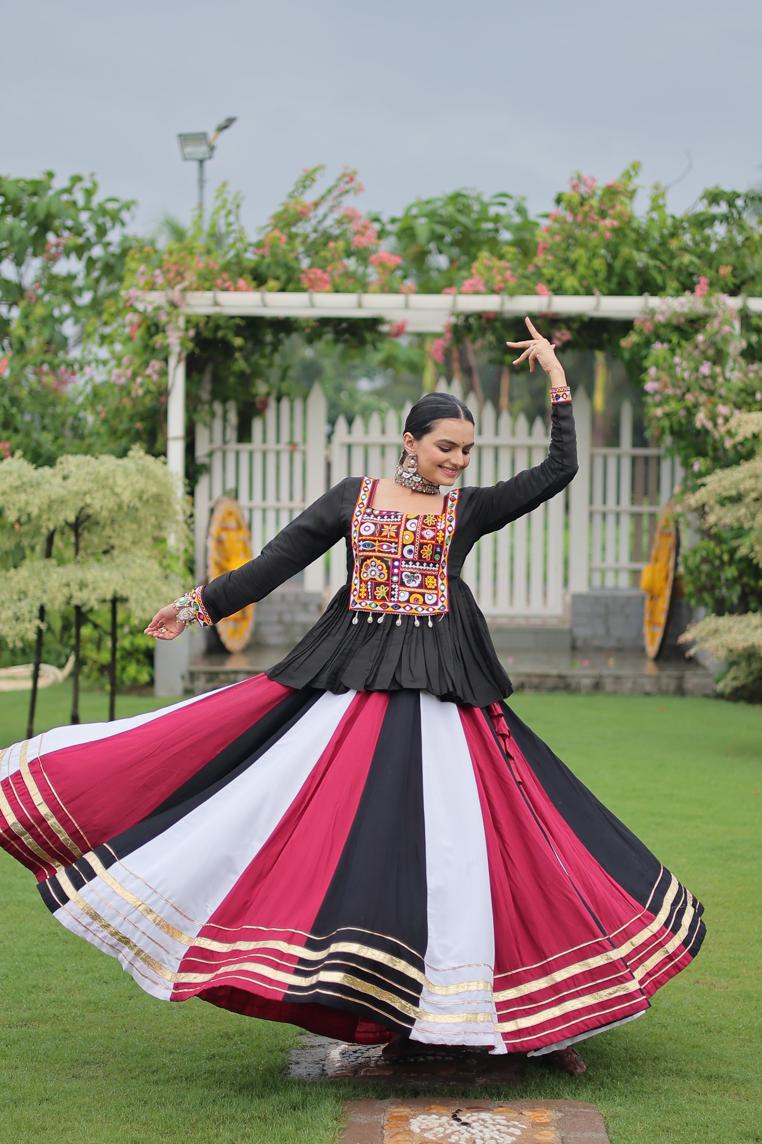 Black Mirror Embroidered Peplum Choli with Multicolor Kutchi Work
