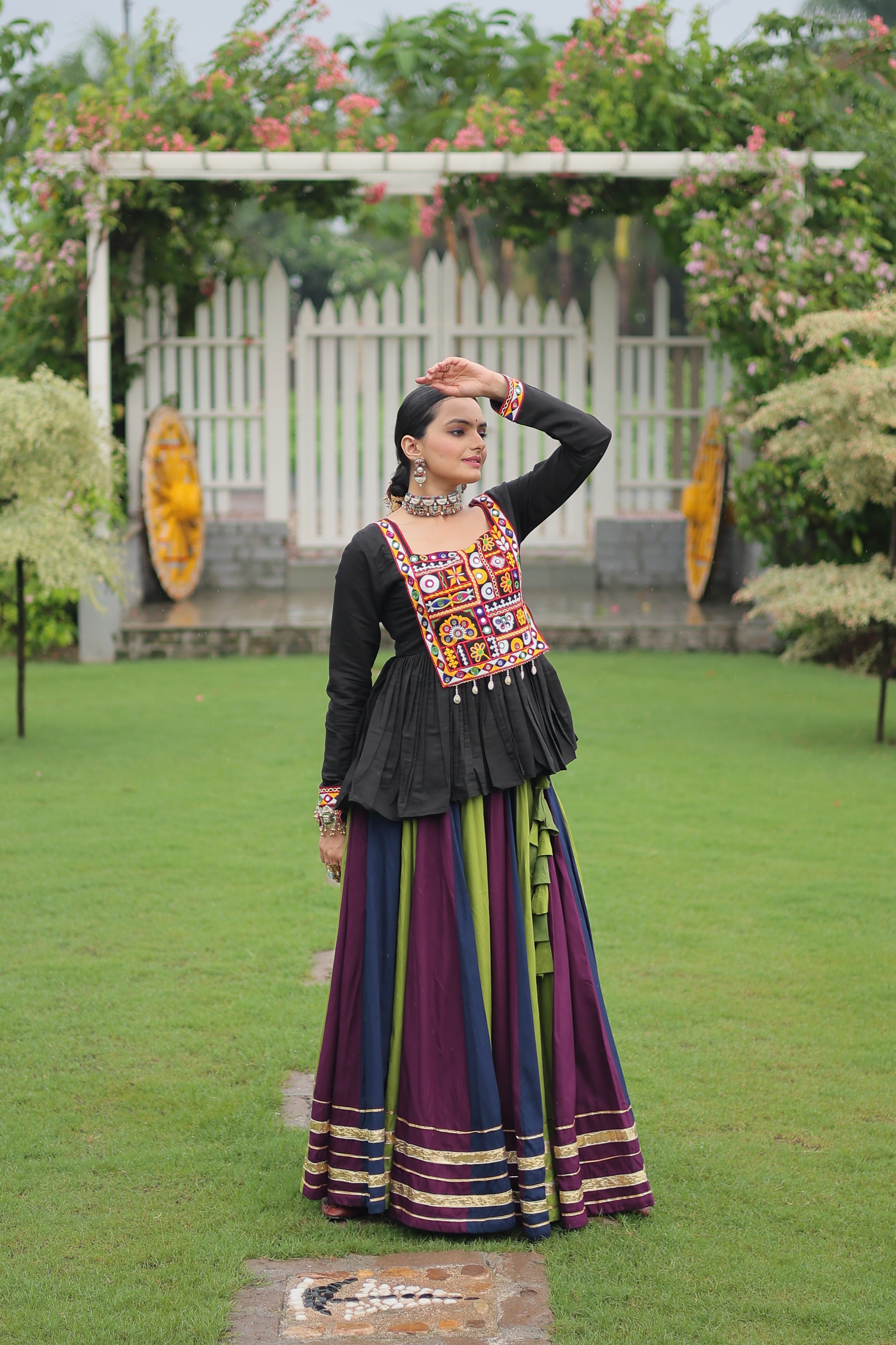 Black Mirror Embroidered Peplum Choli with Multicolor Kutchi Work