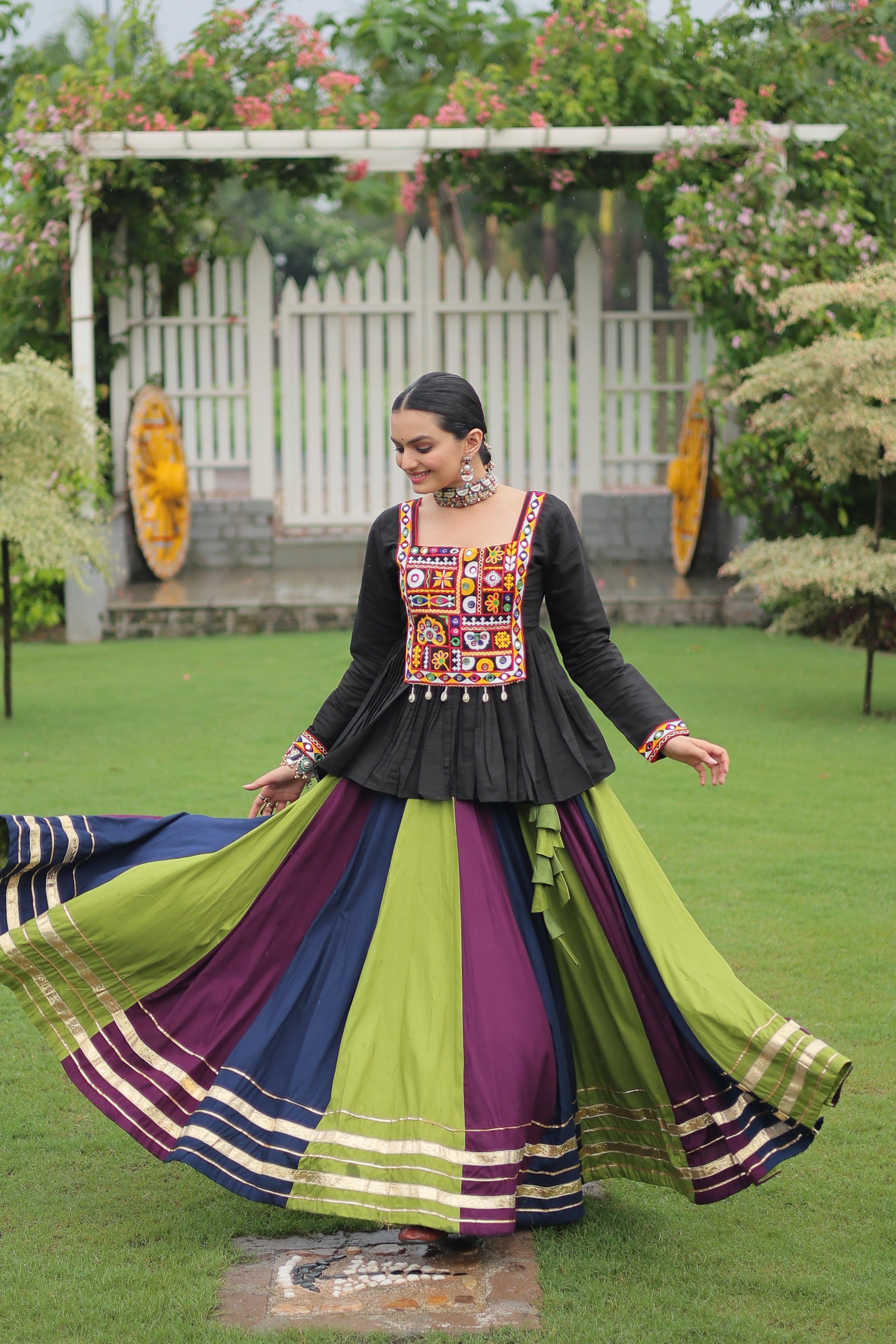 Black Mirror Embroidered Peplum Choli with Multicolor Kutchi Work