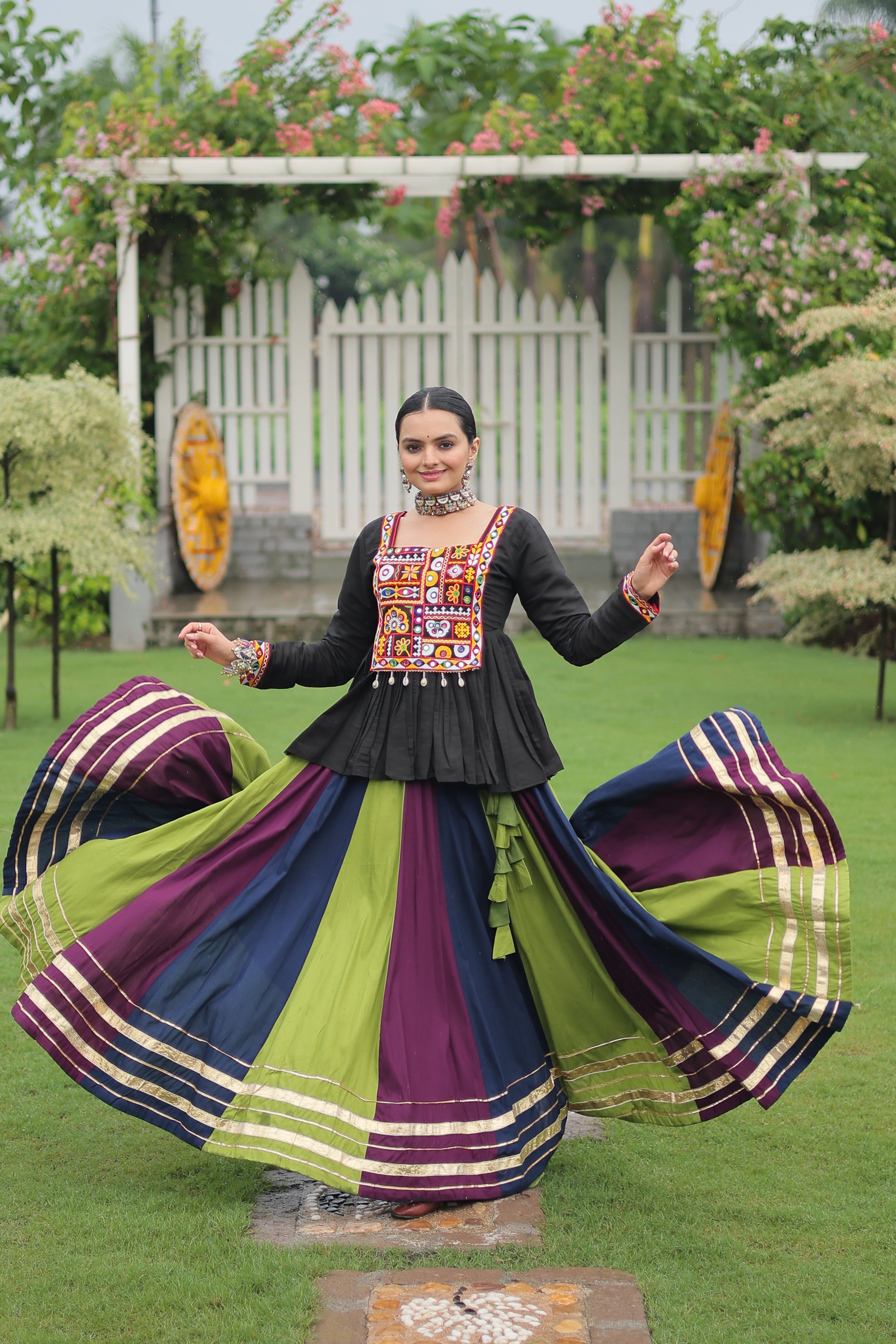 Black Mirror Embroidered Peplum Choli with Multicolor Kutchi Work