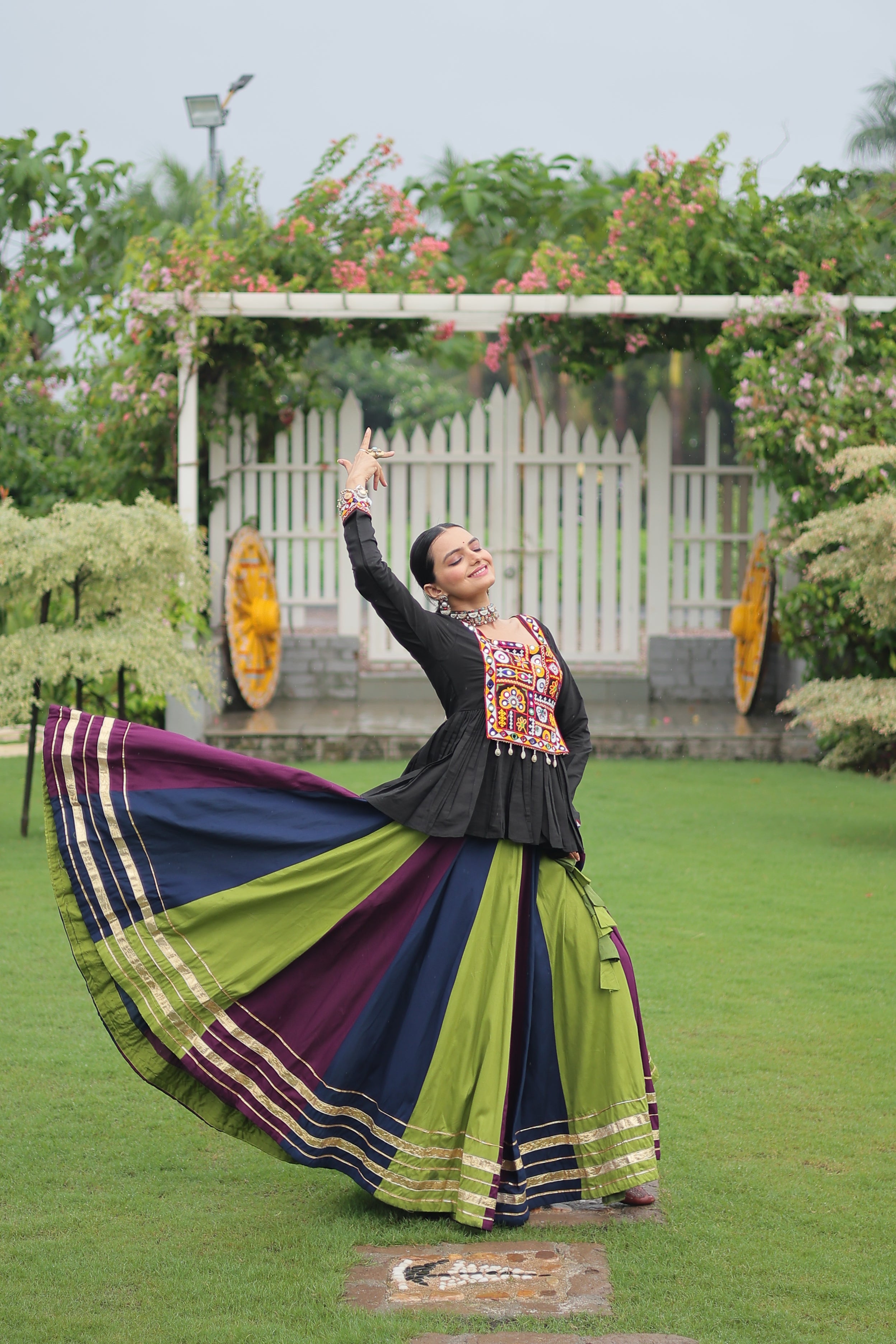 Black Mirror Embroidered Peplum Choli with Multicolor Kutchi Work