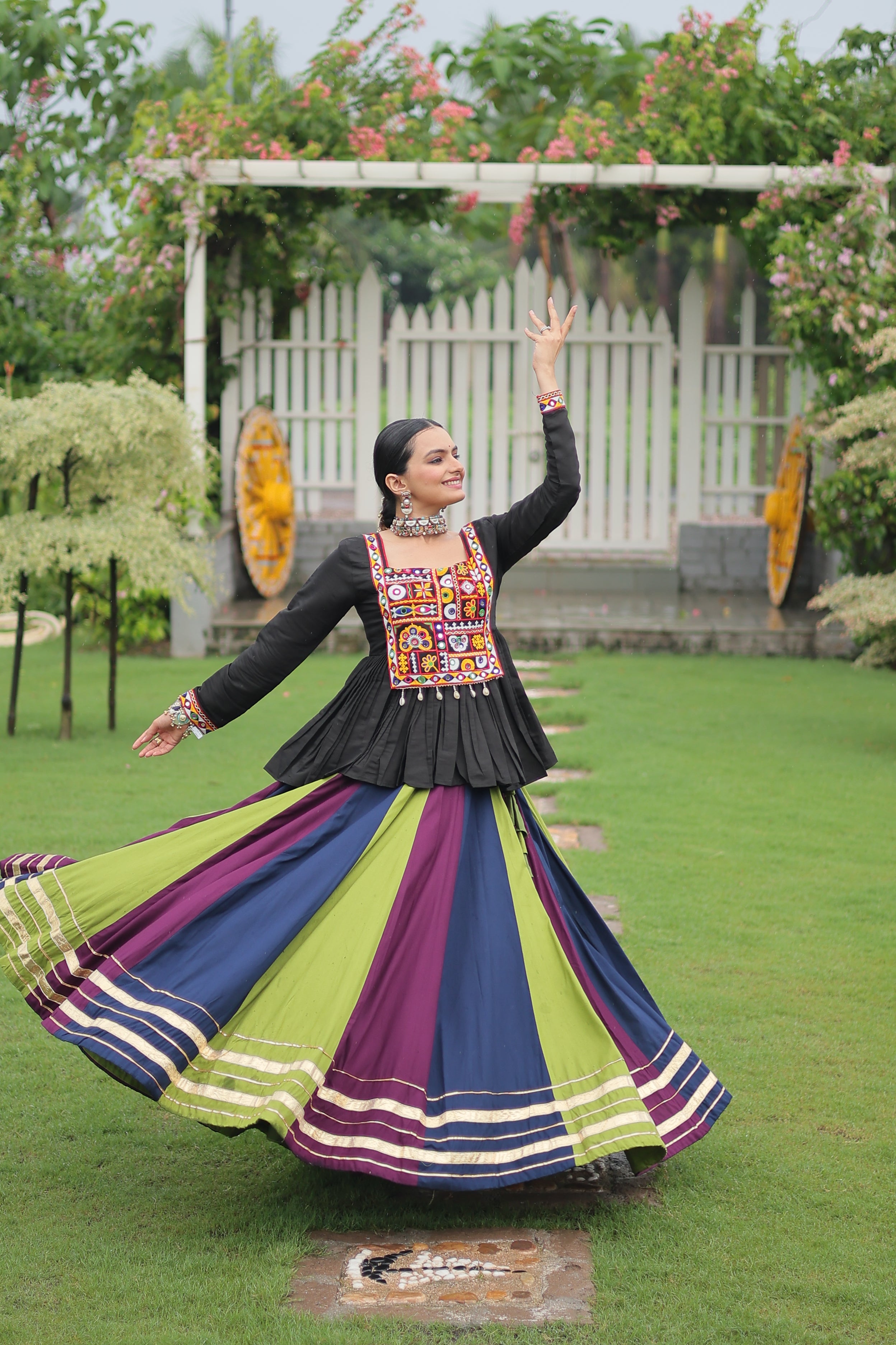 Black Mirror Embroidered Peplum Choli with Multicolor Kutchi Work